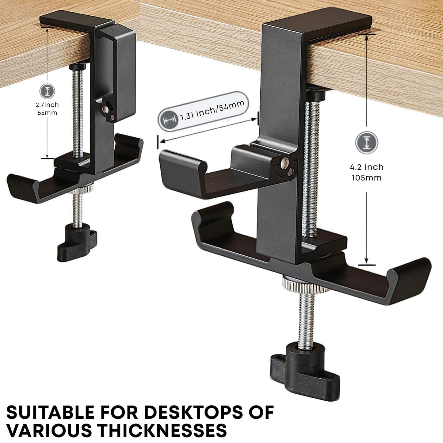 JAKO Headphone Stand for Desk, 3 Hooks Aluminum Alloy Headphone Holder (1 Foldable+2 Fixed) Space Saving Headset Stand Hook, Universal Fit PC Gaming Headsets Holder Desk Clamp for Office/Game Table