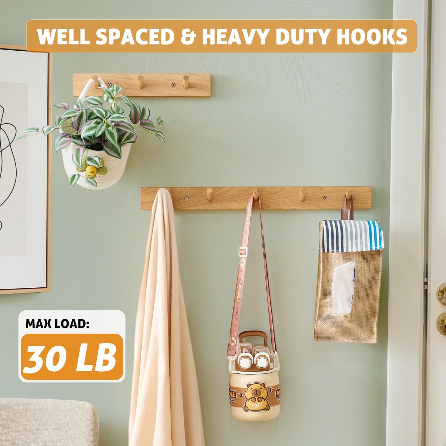 Wall Mounted Coat Rack 24 inches, Hickory Wood Wall Coat Hooks with 6 Hooks, Wooden Coat Hanger for Hanging Clothes Robes Towels Hats, Natural