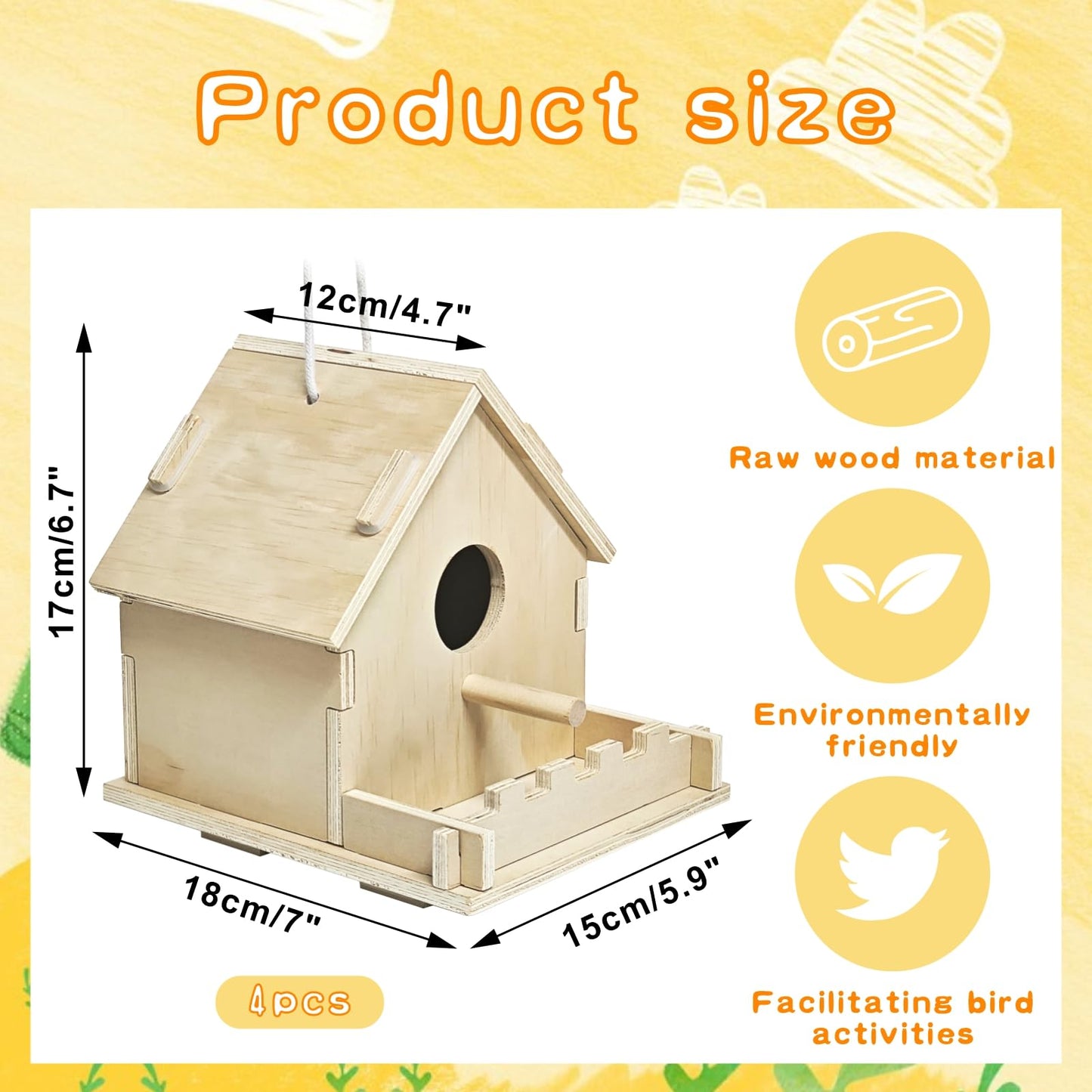4 Pack DIY Birdhouse Kit to Build and Paint for Birthday Gifts, Unfinished Wooden Bird Houses for Outdoors with Paints Brushes and Hanging Chain, Fun Classroom Activity for Crafts Arts Project
