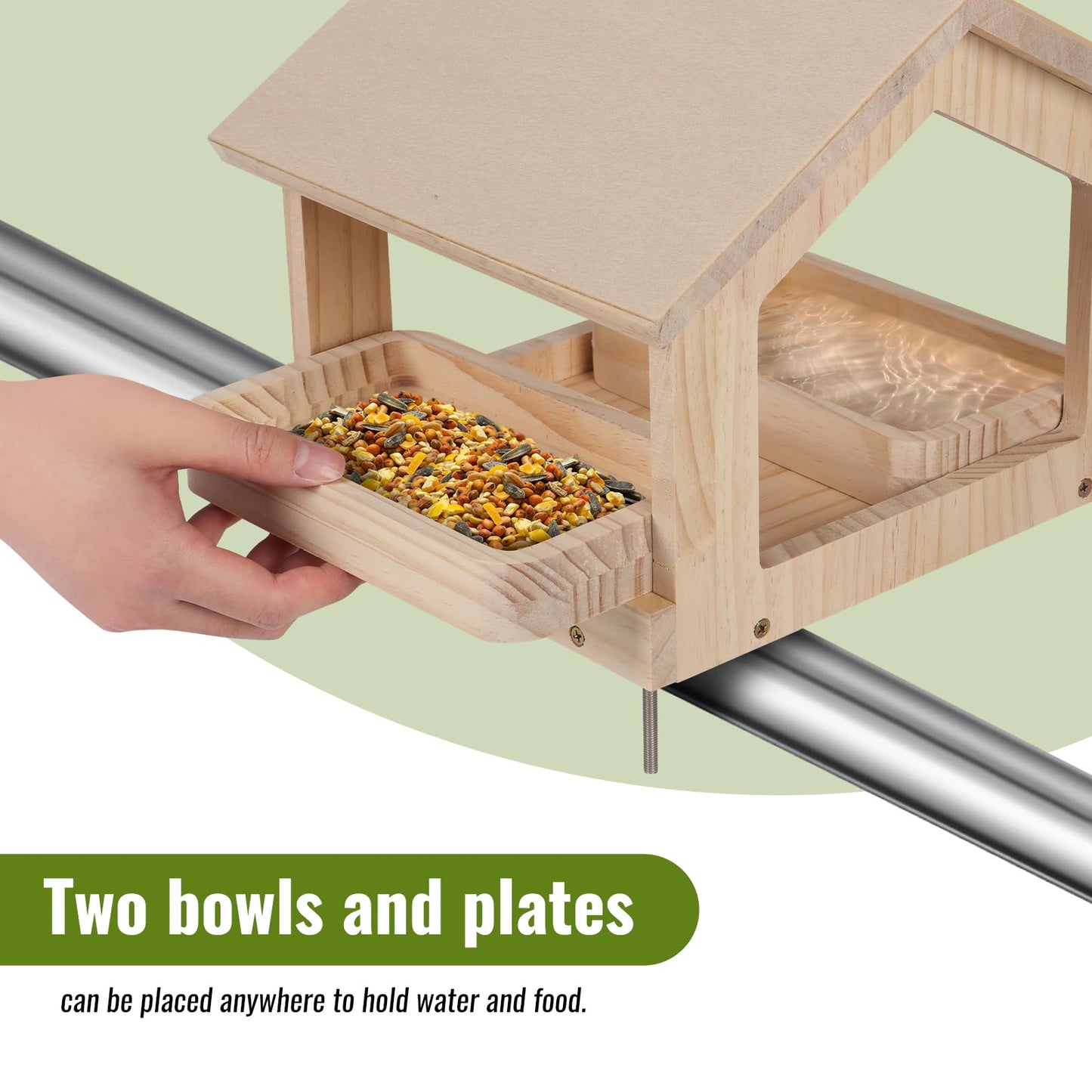 Wooden Bird Feeder with 2 Trays Metal Bracket Railing Mount Balcony Birdfeeder Large Capacity Weatherproof Platform Wild Bird Feeding House for Cardinals Finches Garden Yard Decoration