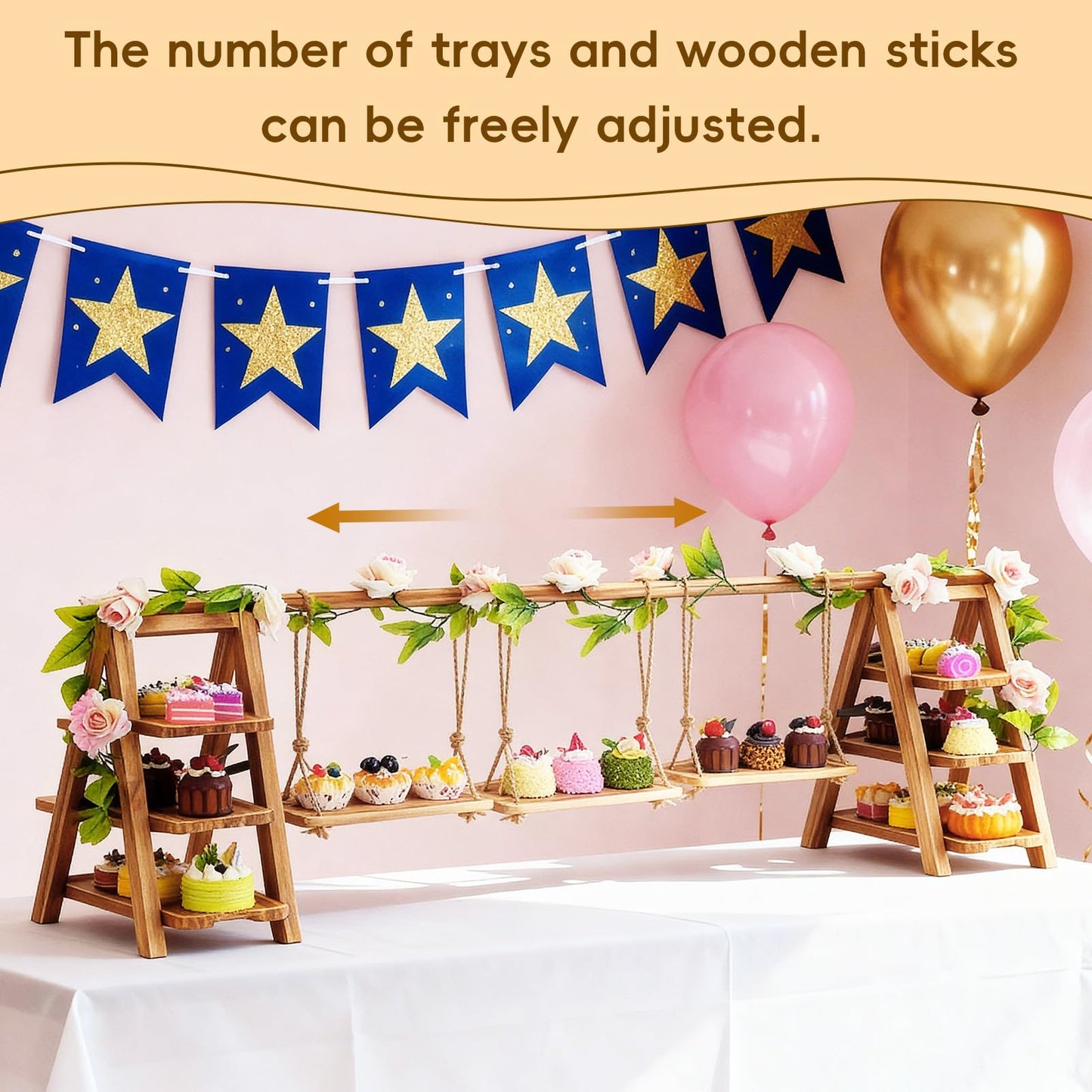 Wooden 3 Tier Cupcake Stand with Artificial Flower Vine Hanging Swing Trays Foldable & Removable Design for Birthday Wedding Catering Baby Shower Party