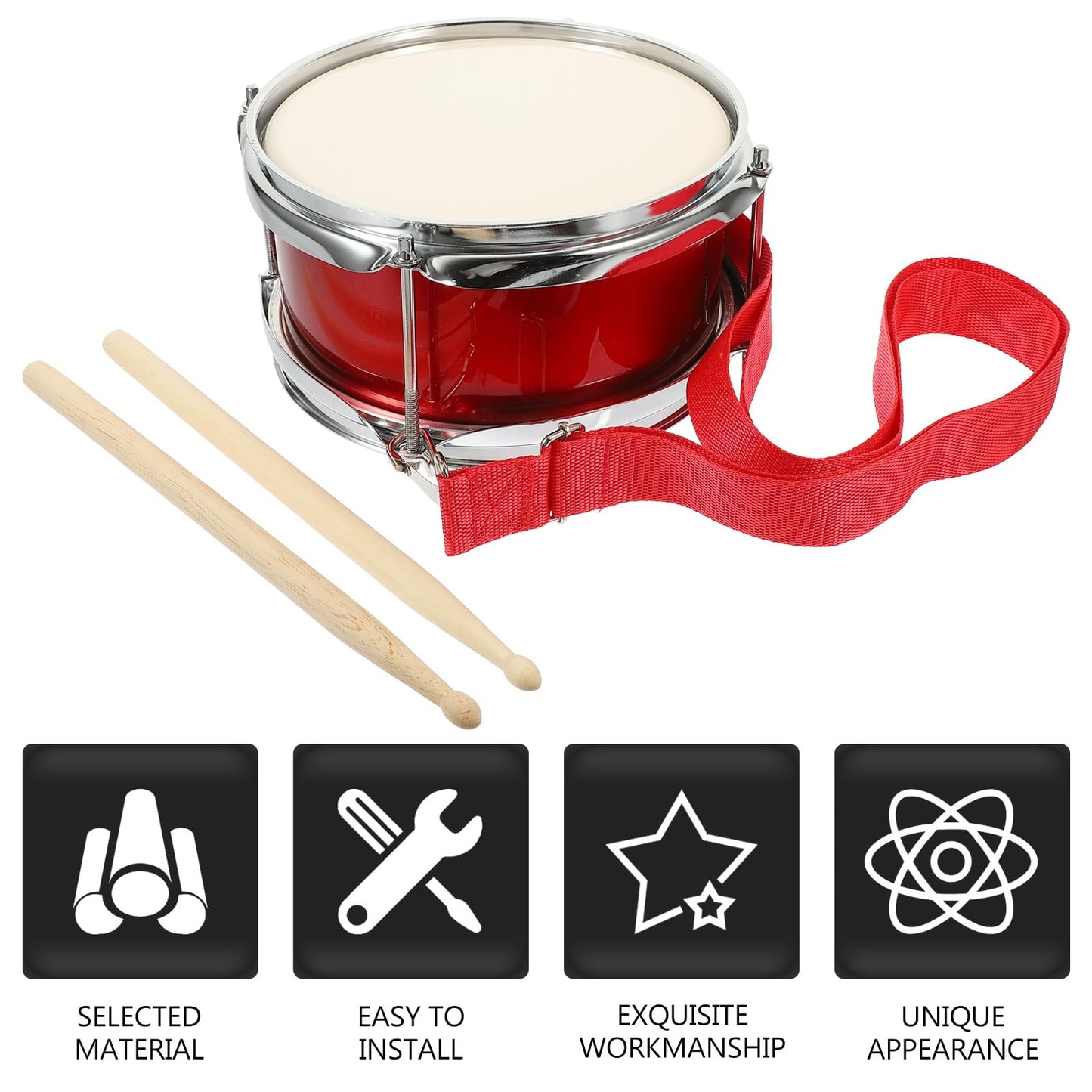 Vaguelly 9 Inch Kids Drum with Mallet and Strap, Snare Drum Wooden Percussion Musical Instrument Marching Toy for Kids 3+, Red