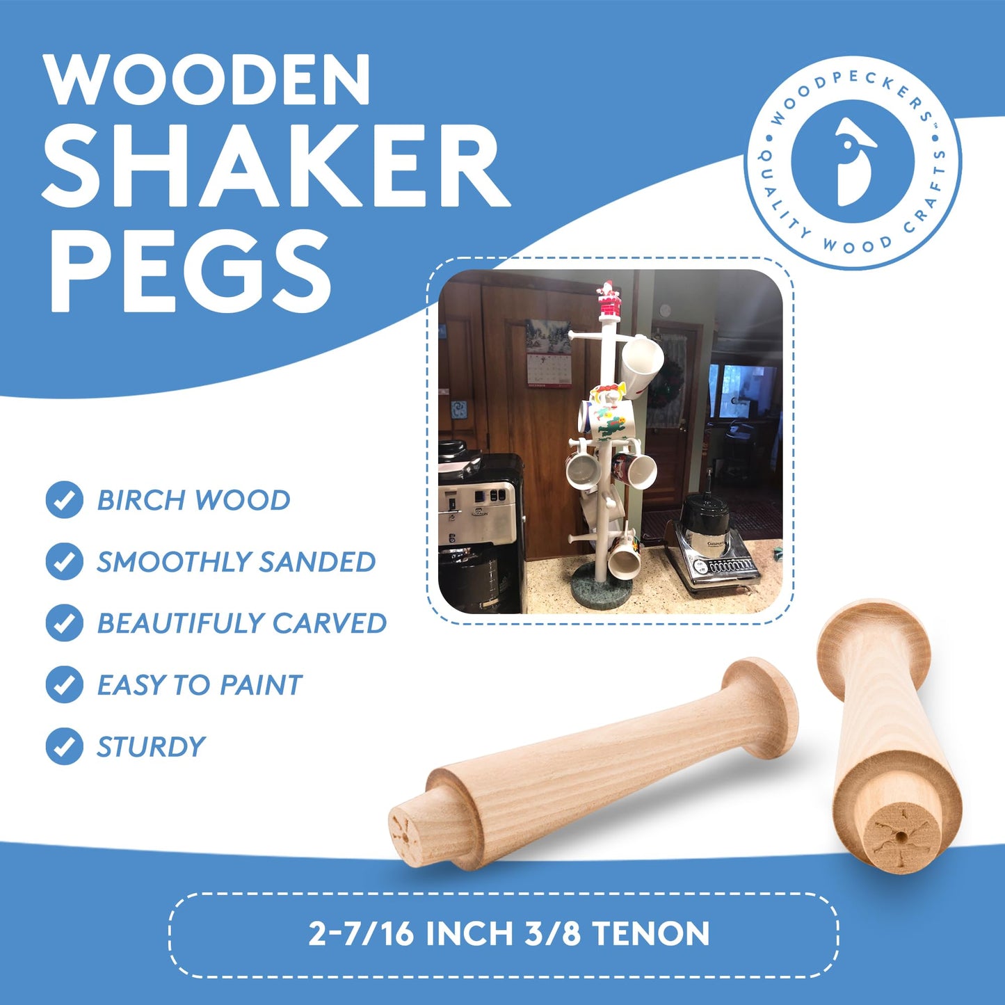 Woodpeckers Wooden Shaker Pegs 2-7/16-inch w/ 3/8-inch Tenon, Pack of 50 DIY Wooden Wall Hooks, Wood Hooks for Hanging Shaker Peg Rail and Coat/Hat/Towel Hook