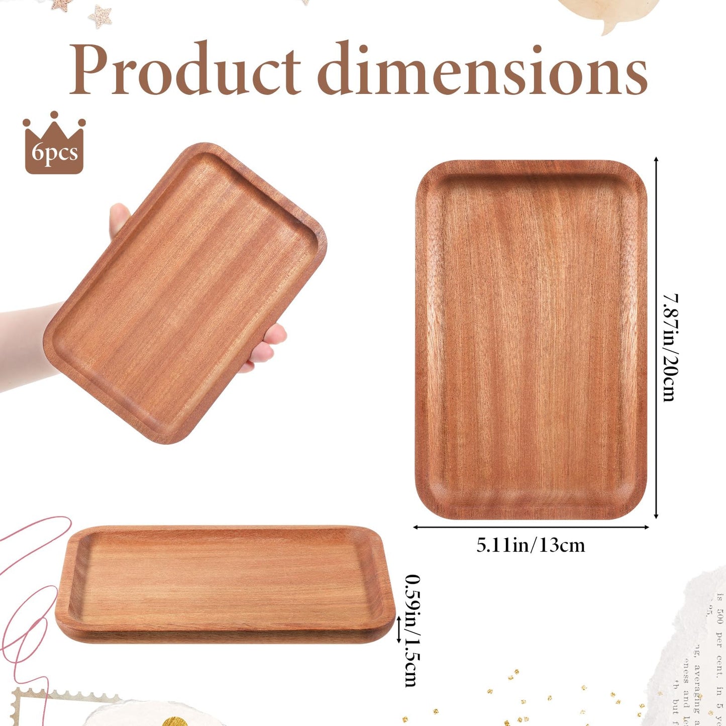 6 Pack Solid Wood Serving Platters and Tray with Edge, Natural Ebony Wood Pallet, Rectangular Wooden Serving Platters Mini Charcuterie Board, for Kitchen Counter Bathroom Home Decor Party, 8" x 5"