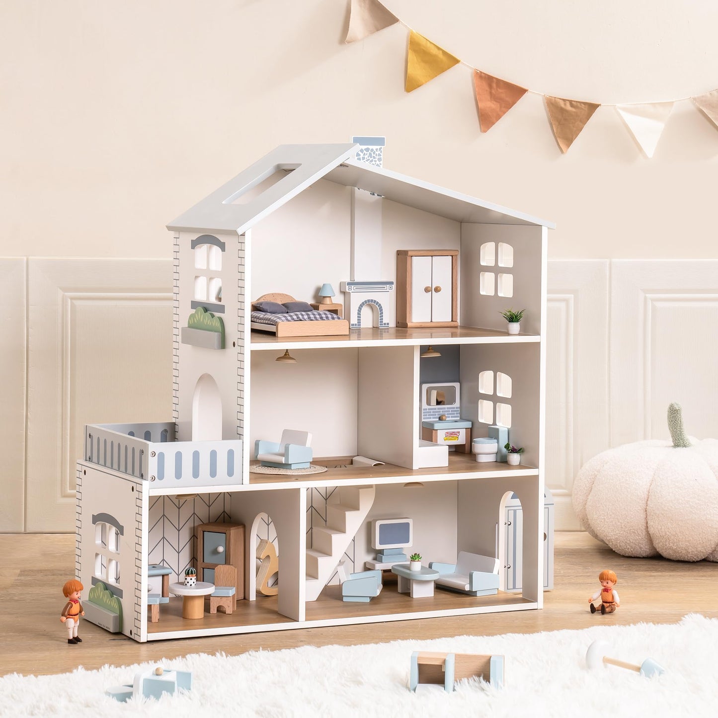 ROBUD Doll House, Wooden Dollhouse with 6 Rooms, 29-pcs Realistic Accessories, Dollhouse Playset for 4-6 Inch Dolls, Gifts for Kids & Toddlers, Nordic Style, Ages 3+