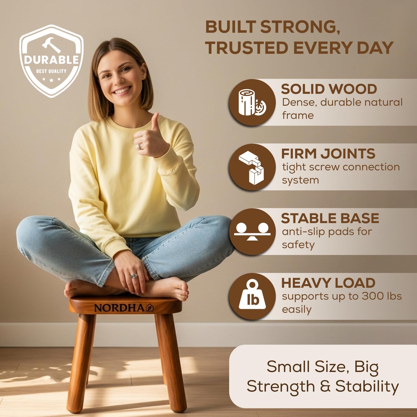 NORDHA Wooden Stool Chair, 9.3 Inch Child's Chair, Lightweight 1.4 Kg, Ideal for Bedroom or Playroom, Durable Taburete, Compact Design, Natural Finish (Walnut Color)