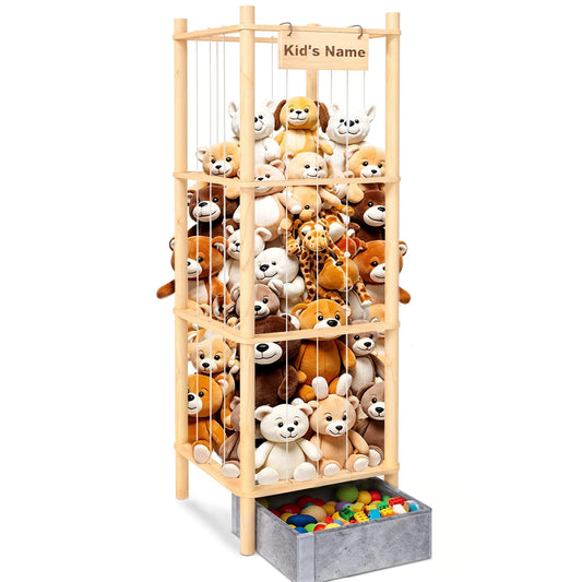 WORLDMX Stuffed Animal Storage with Toys Tray, 57In Large Wooden Stuffy Plushies Storage Holder Extra Large Capacity Stuffed Animals Zoo Organizer for Toddler Rooms, Playrooms & Bedrooms