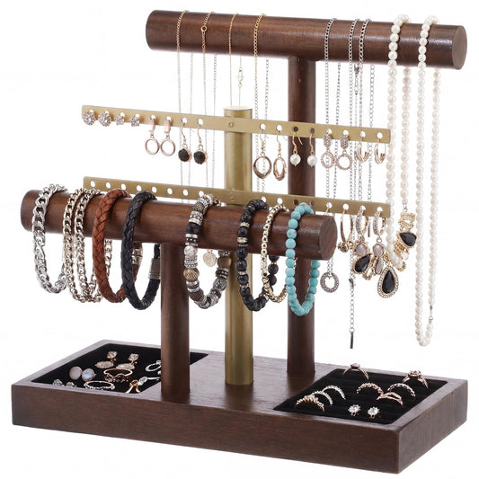 RattanView 3 Tier Bracelet Holder Display with Earring Holder Organizer T-bar Bangle Storage Rack Wooden Jewelry Organizer Stand Gifts for Bracelet Necklaces Earrings Rings Watches Storage Displays