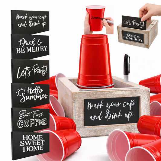 10–18 oz Wooden Cup Holder with Marker Slot & 6 Interchangeable Quote Signs, Farmhouse Drink Caddy for BBQs, Weddings, Parties, Housewarming & Home Bar Decor (Brown)