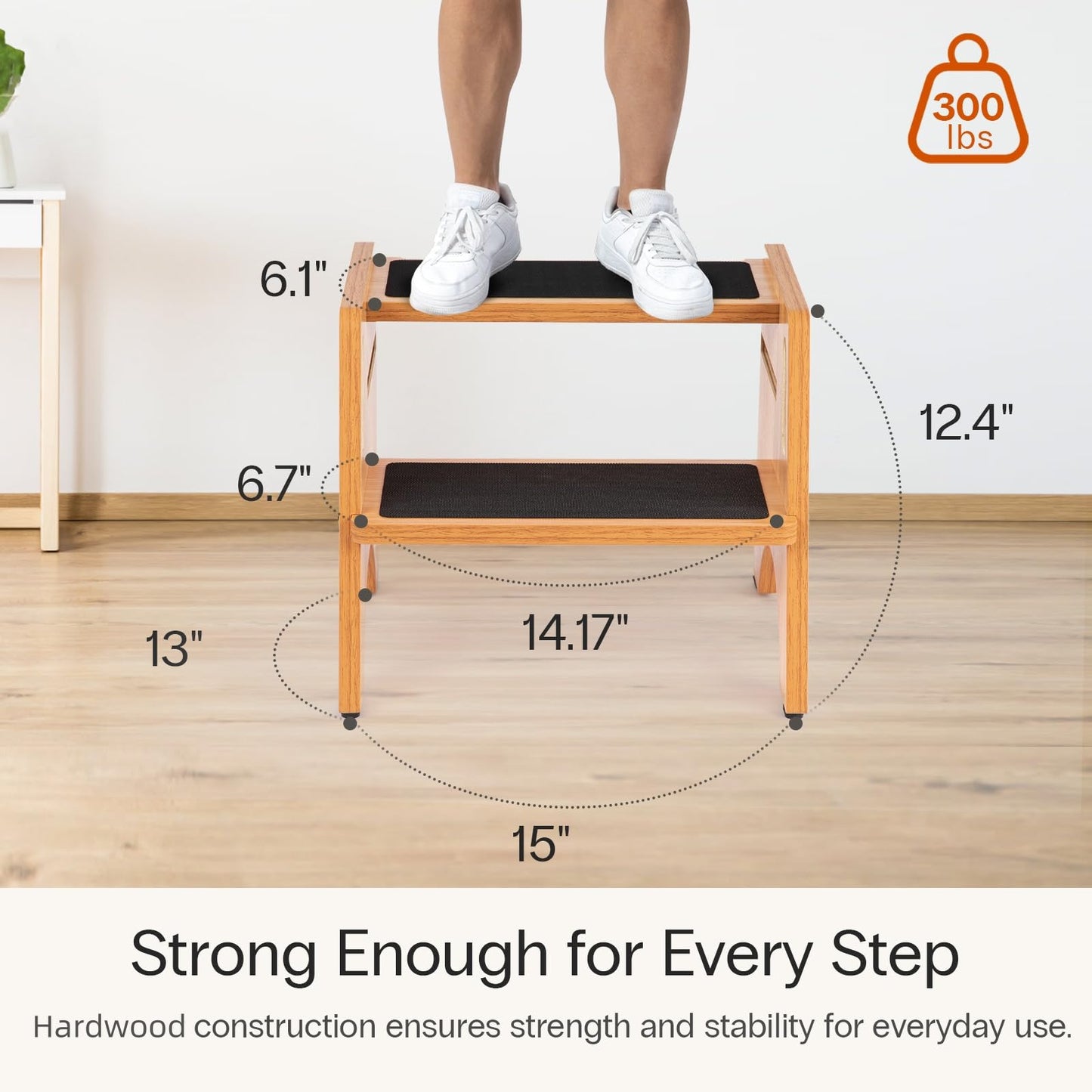 StrongTek Wooden Step Stool, 15" Dual Height Step Stools, Easy to Clean, Potty Training Stool with Handles, 300 lbs Capacity for Bathroom Sink, Kitchen, Bedroom