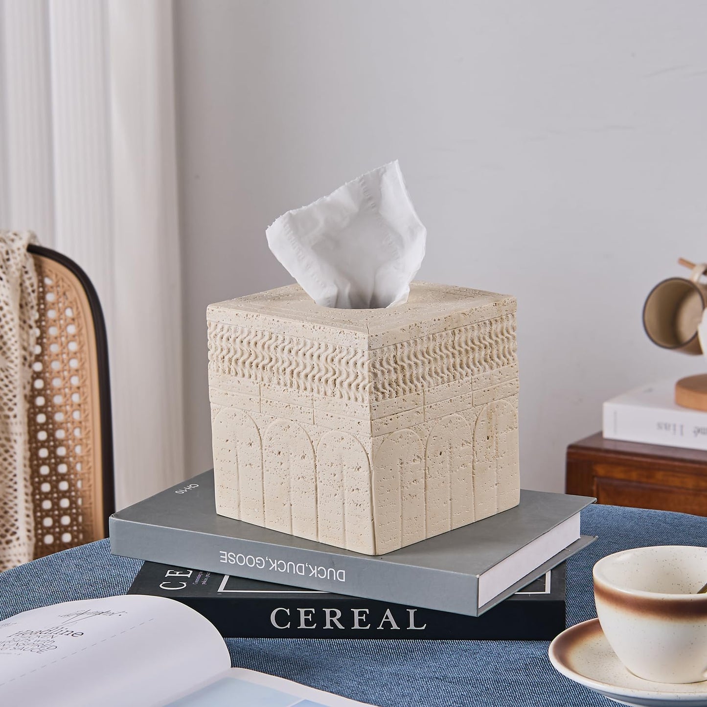 Travertine Tissue Box Cover – Classic Carved Square Resin Tissue Box Holder – Heavy Duty Decorative Home & Bathroom Decor for Countertop, Tabletop, Night Stand, Office – Beige
