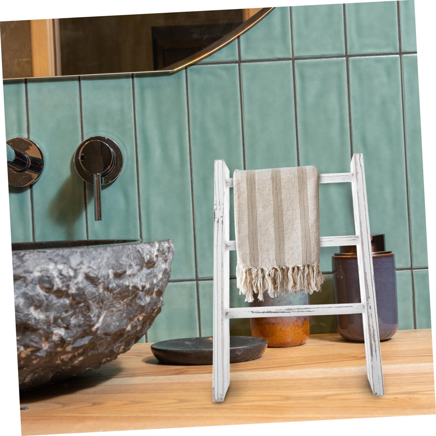 HOLIDYOYO Mini Towel Rack Ladder Rustic Farmhouse Decor for Kitchen Counter and Country Bathroom Space Saving Towel Holder with Elegant Finish Compact Miniature Ladder Design for Easy