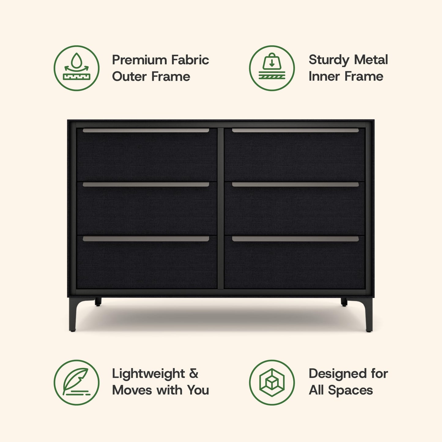 tinge Naima Premium 6 Drawer Fabric Dresser - Heavy Duty Metal Frame with Sag-Proof Storage Drawers for Clothes - Durable Black Bedroom Chest & Sleek Metal Handles
