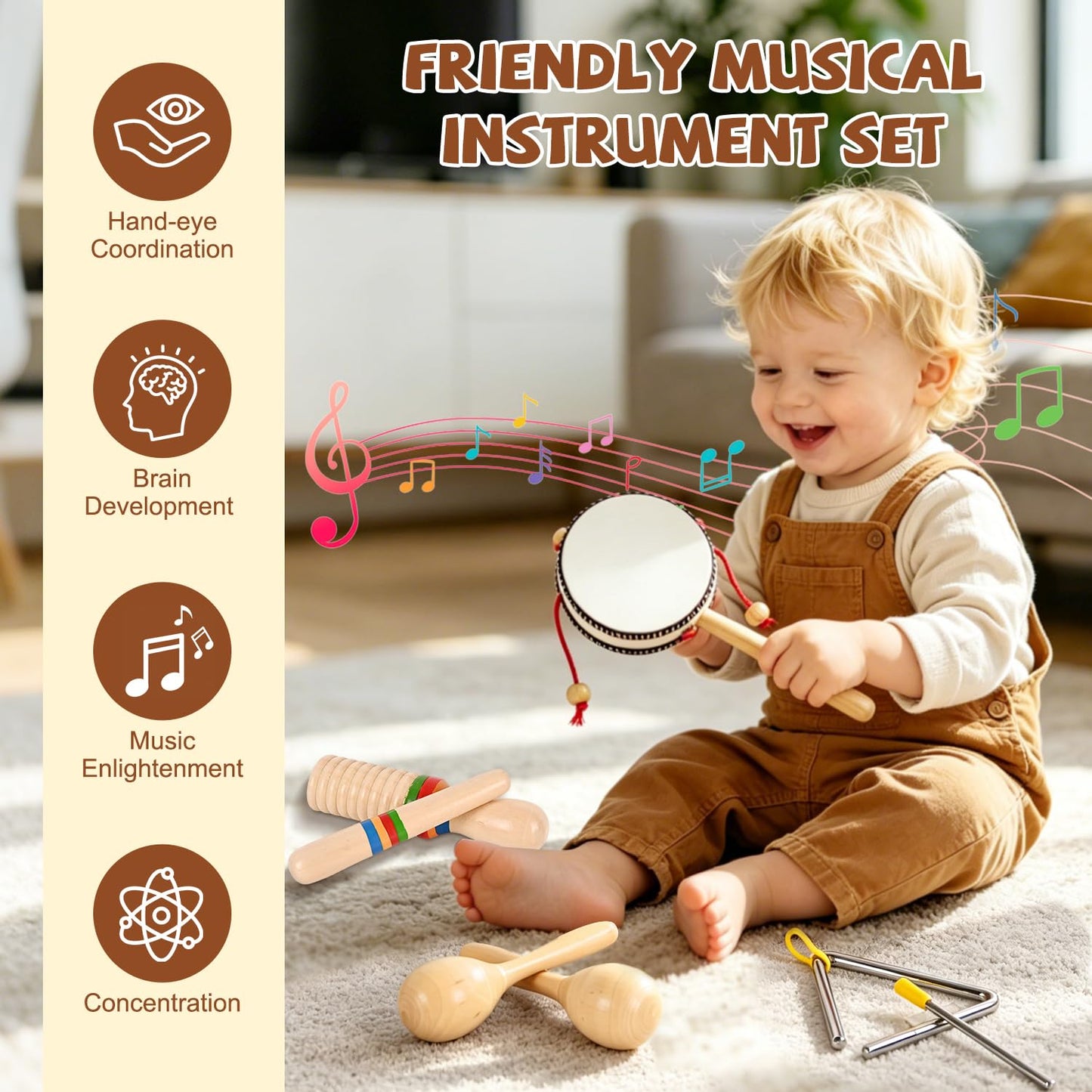 Baby Musical Instruments Montessori Wooden Musical Toys, Toddler Percussion Instruments Xylophone Maracas Hand Drum for Toddlers