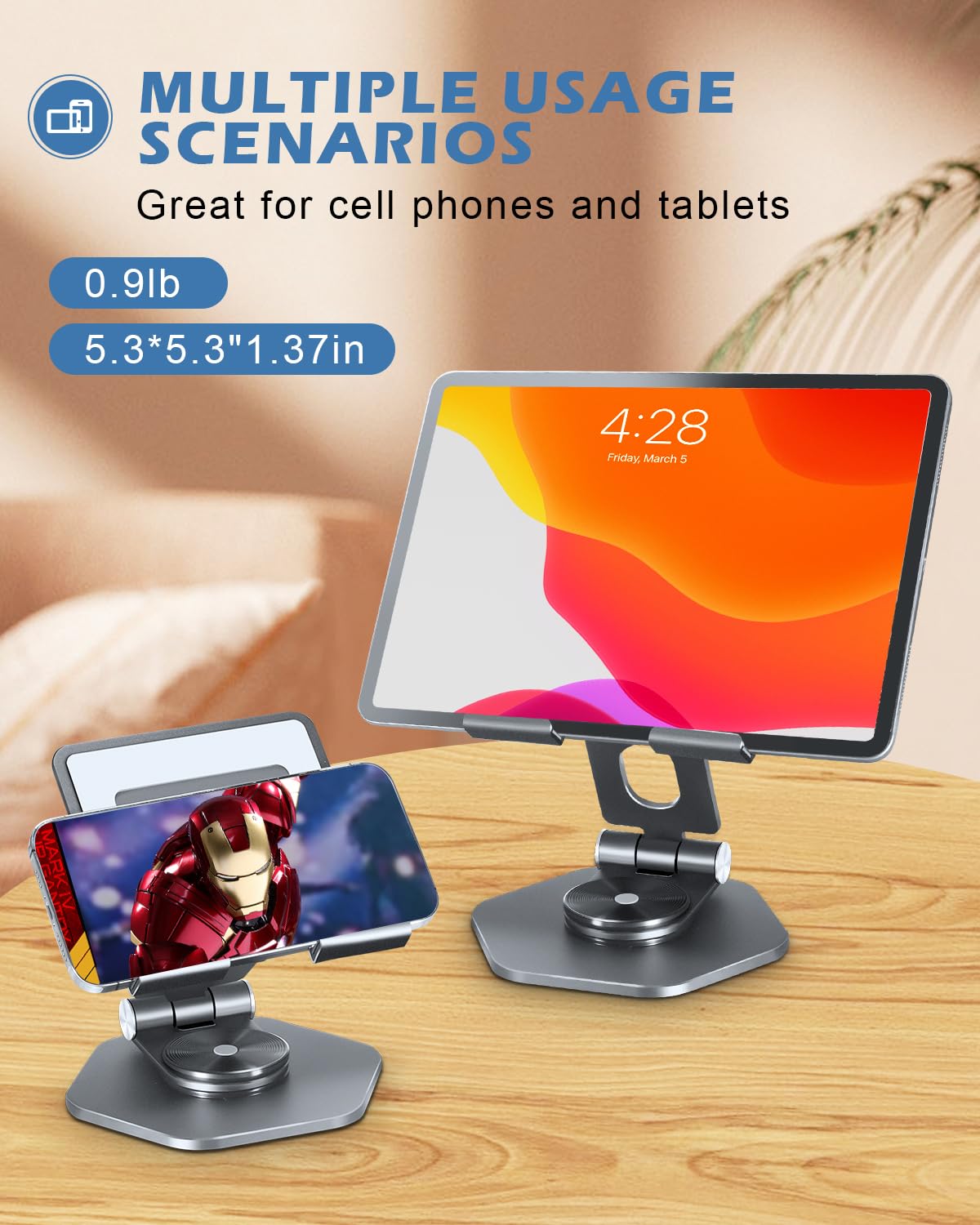 SOJUNER Aluminum Tablet Stand, 360° Swivel for 5–12.9in Devices, Grey
