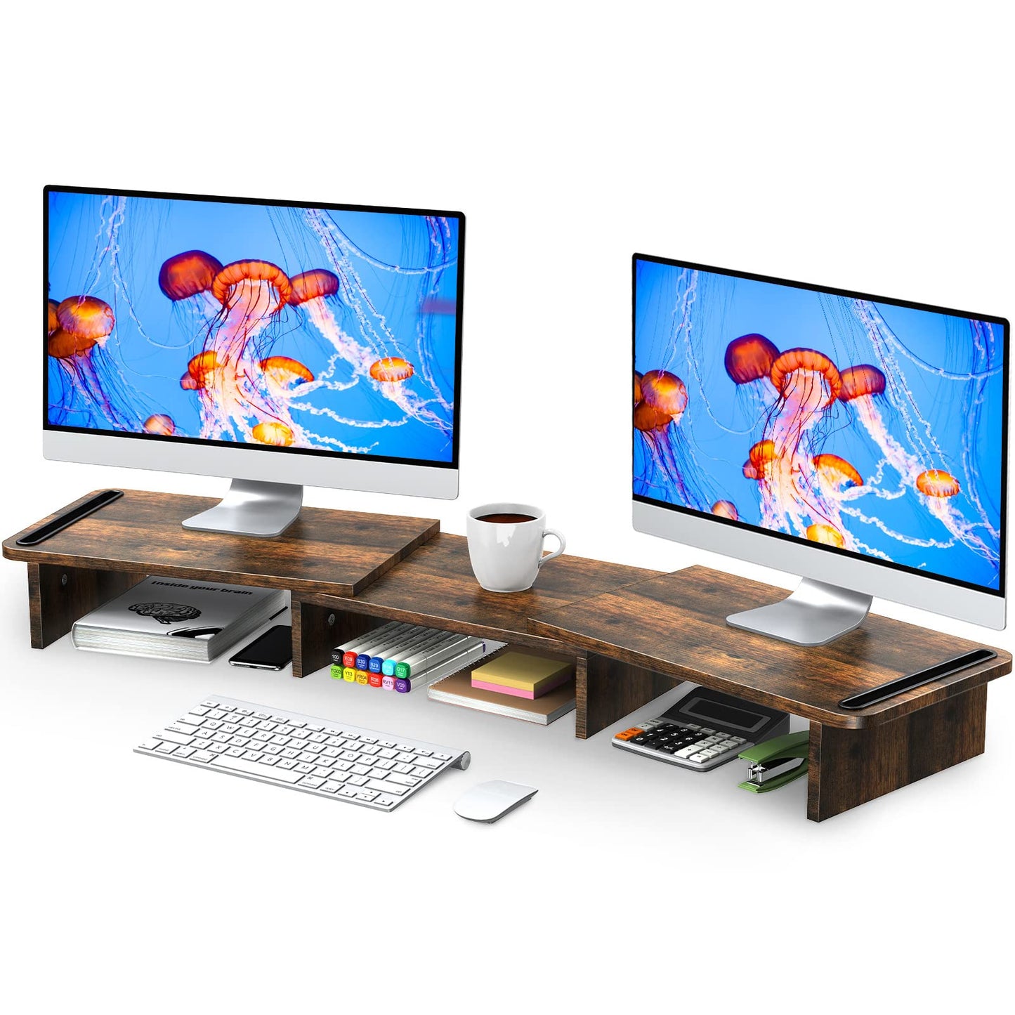 Zimilar Dual Monitor Stand Riser, Monitor Stand with Adjustable Length and Angle, Wood Monitor stand for desk, Monitor Riser for 2 monitors with Storage Space(Rust Brown Large)