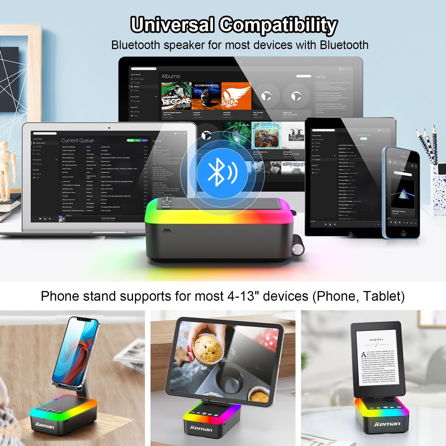 JTEMAN Gifts for Men Women, Cell Phone Stand with Bluetooth Speaker and Light, Portable Lanyard, Cool Tech Gifts for Dad Mom Husband, Unique Birthday Gift Ideas Black