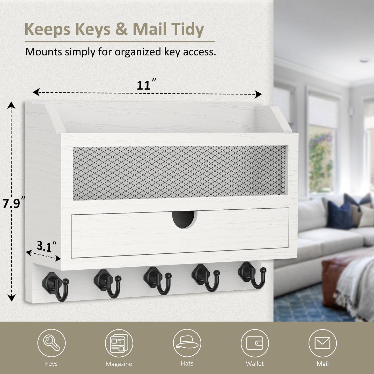 Nekon Key and Mail Holder for Wall, Key Organizer with 5 Hooks & Storage Drawer, 11" W x 7.9" H x 3.1" D Wooden Key Rack for Entryway and Home Decor (White)