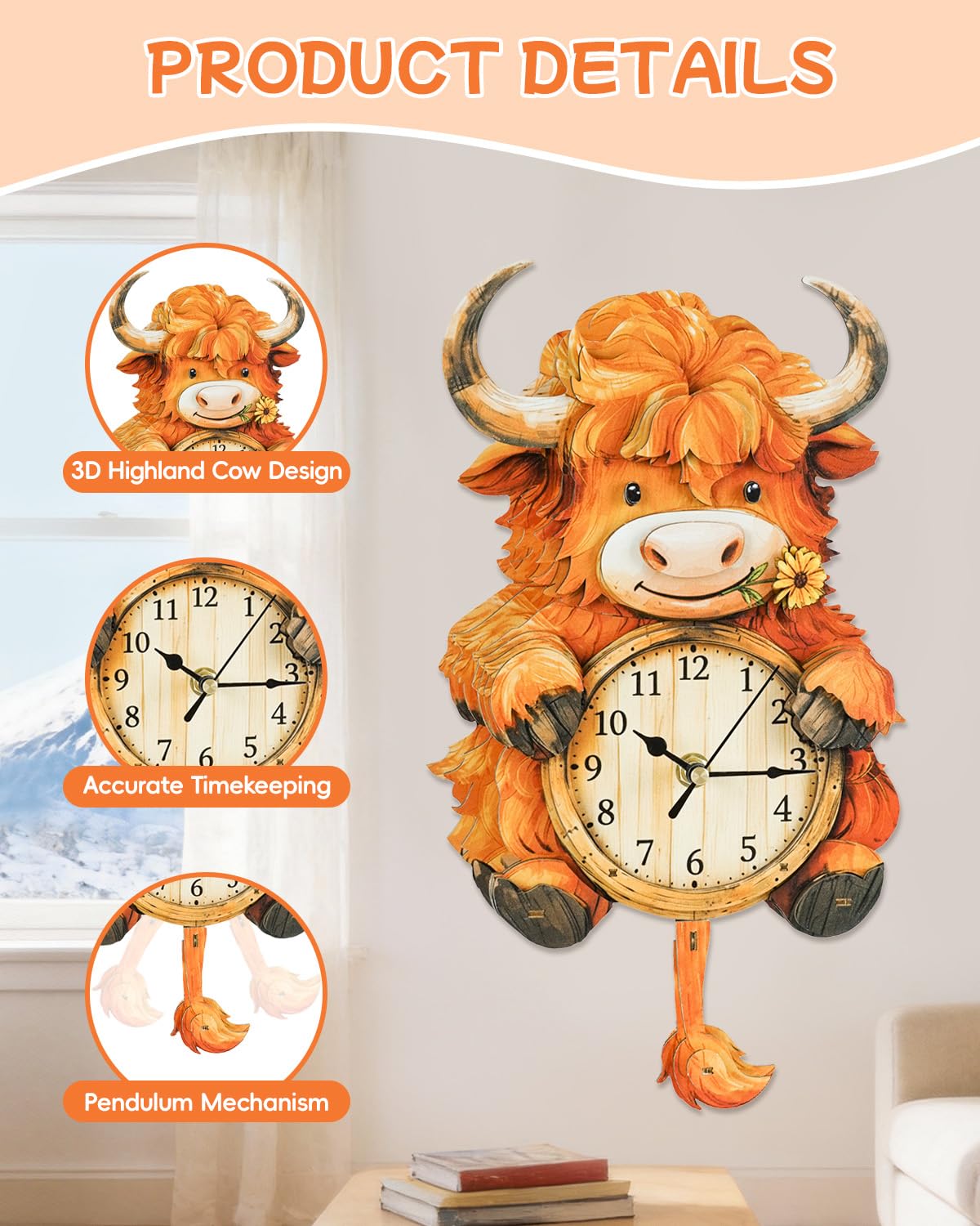 Rnfinewow 3D Puzzles for Adults, Highland Cow Clock Kit with Pendulum, 3D Wooden Puzzles Model Kit Home Decor DIY Wall Clock Highland Cow Puzzle Birthday Gifts for Women Men