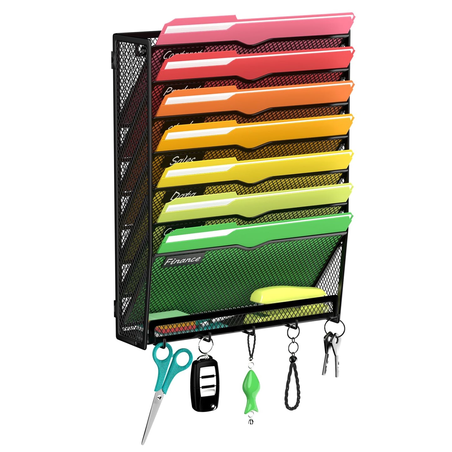 ReePlan 8 Tier Hanging Wall File Organizer, Mail Organizer Wall Mounted with Hooks, Hanging Paper Folder Holder for Office Home, Black