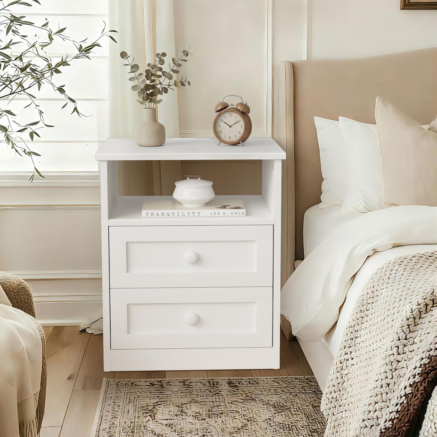 White Wooden Nightstand with Charging Station - Framhous Led Night Stand with 2 Drawers Modern Bedside Table for Bedroom Wood End Table with Lights and Storage