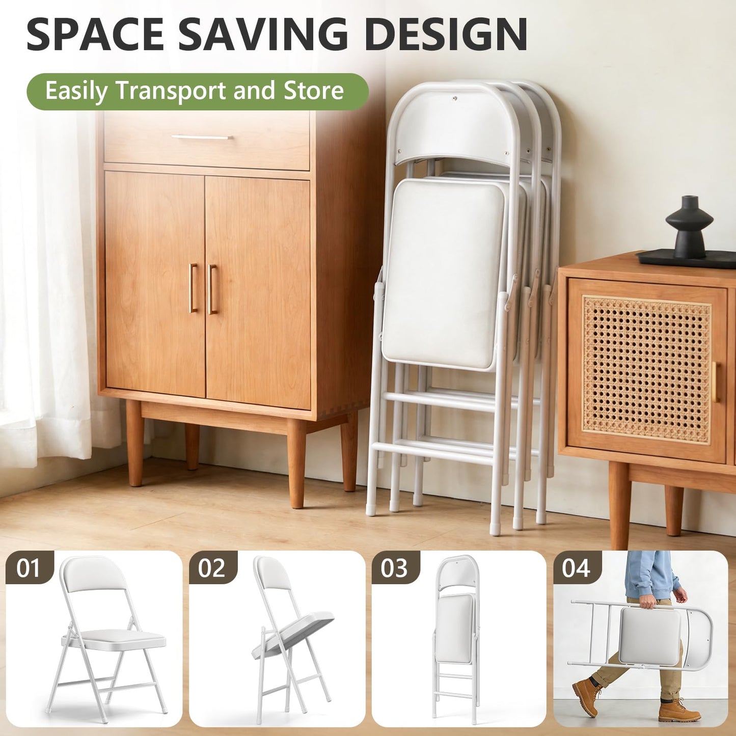 MAKE CHANGES 4 Pack Folding Chairs, PU Leather Folding Dining Chairs with Padded Cushion Seat & Back, Indoor Outdoor Folding Chair Set for Home Office, Parties, Events, Wedding, Extra Guest Seating