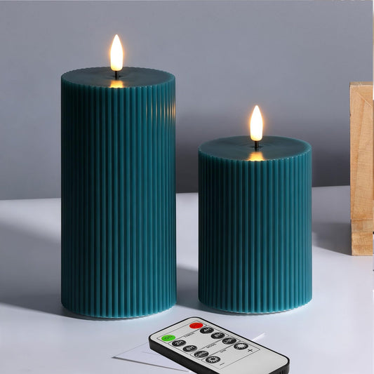 Girimax Green Ribbed Flameless Pillar Candles with Remote, 2 Pack Flickering Battery Operated LED Wax Candles Φ 3" H 4" 6"