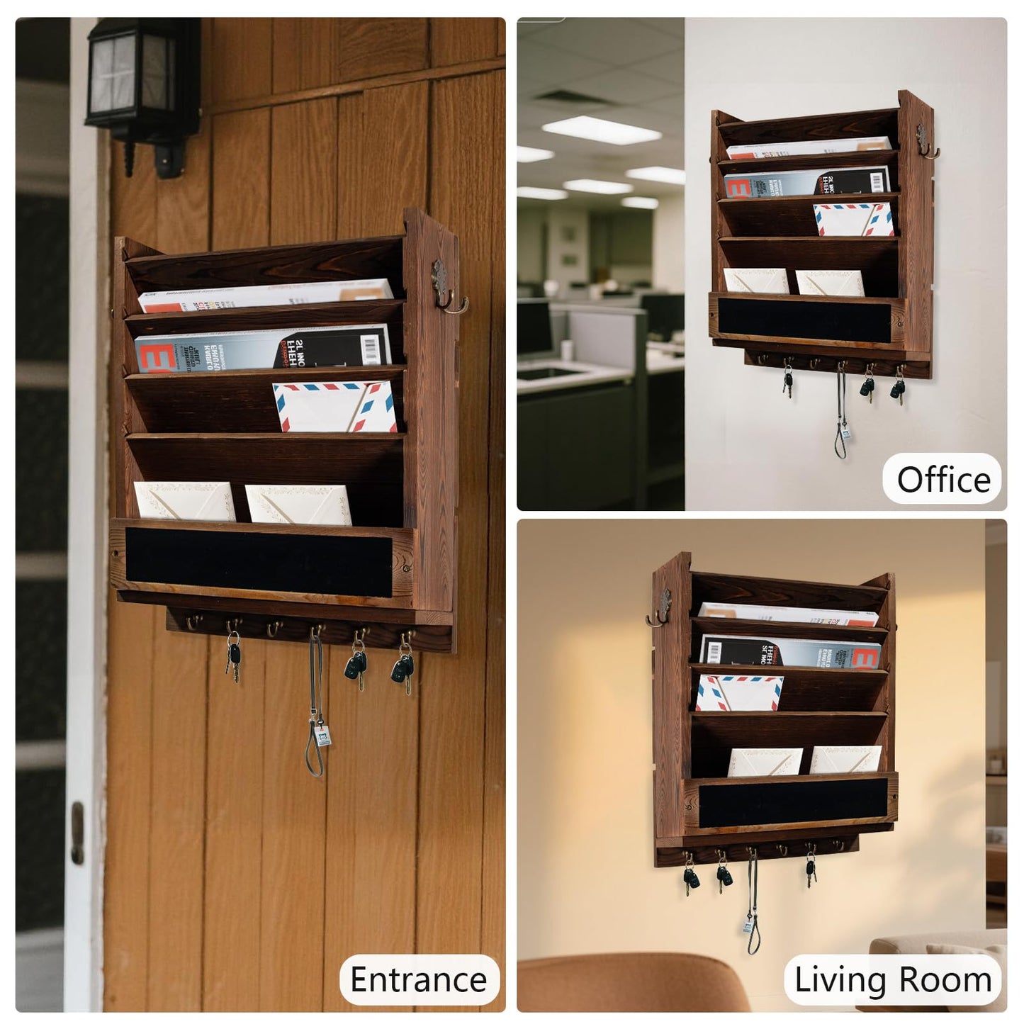 Craftmastudio Rustic wall mail organizer,Key and Mail File Holder for Wall Mount，with 6 Key Hooks 2 Double Key Hooks A blackboard,for Home,Office, Classroom,Entryway Decor (brown)