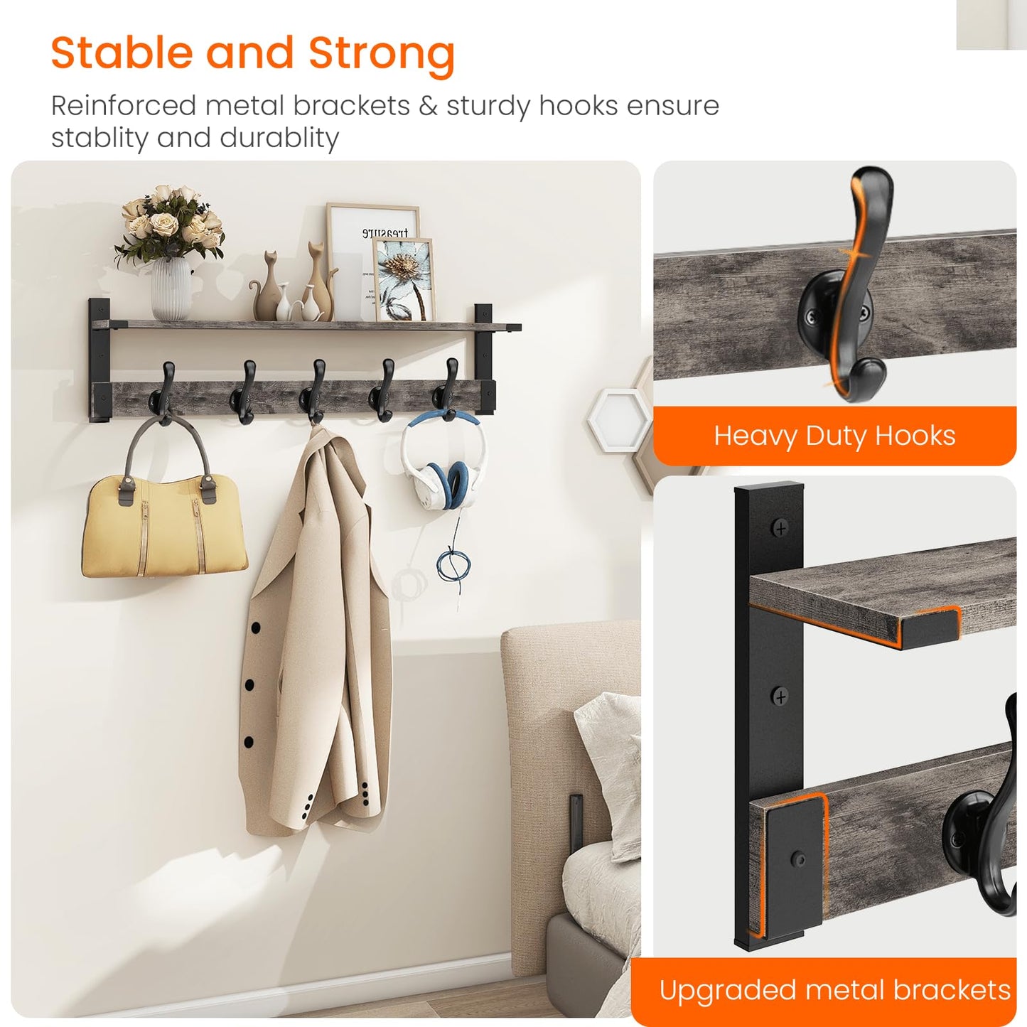 Homode Coat Rack Wall Mount with Shelf, 29 Inch Wood Wall Shelf with Hooks, Entryway Coat Hanger Wall Mount with 5 Hangers for Bathroom, Bedroom, Living Room, Grey