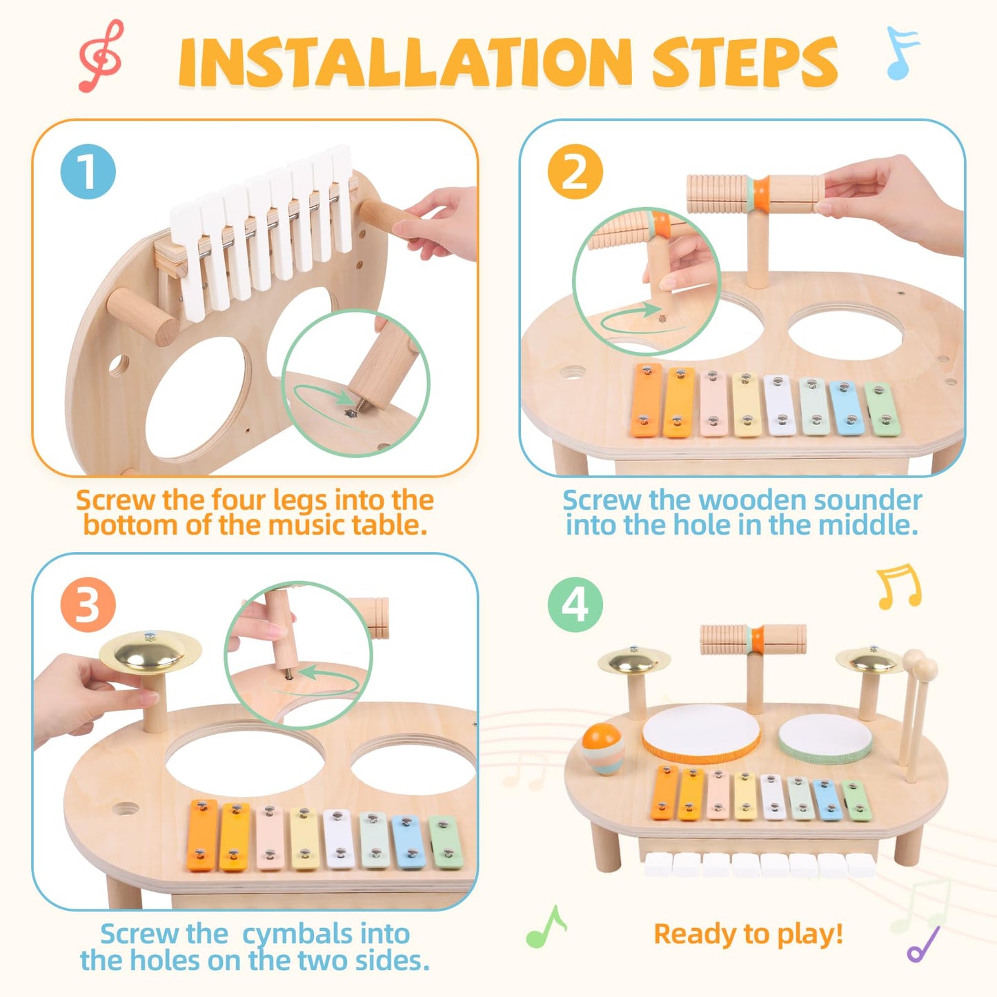 YHHYTOY Baby Drum Set, Wooden Baby Musical Instruments for Toddlers 1-3, Musical Activity Table Percussion Set with Xylophone Cymbal Piano, Montessori Christmas Preschool Birthday Gifts for Kids