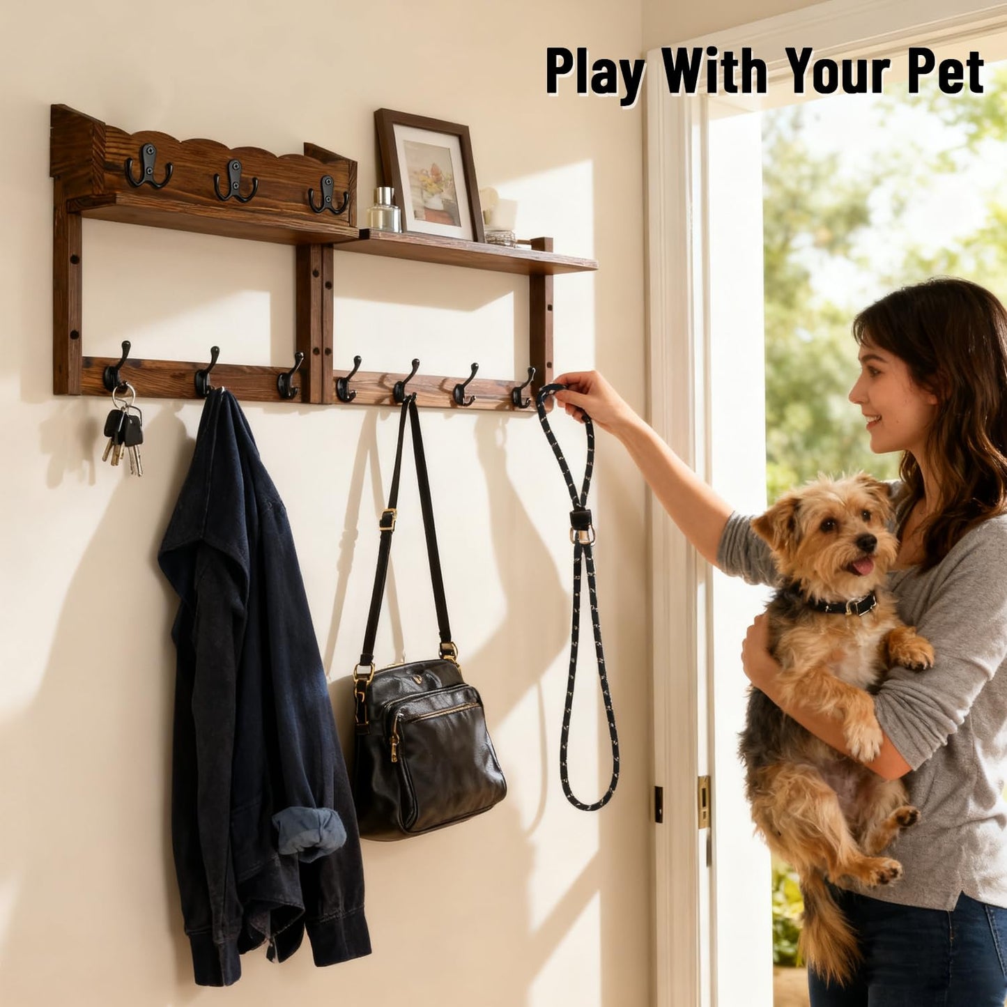 Dellicasi 28" Coat Rack Wall Mount with Shelf, Entryway Key Holder Wall Mount Wood Wall Coat Hooks with 7 Hooks 3 Key Hanger, Wall Mounted Coat Rack Mail Holder for Living Room, Bedroom