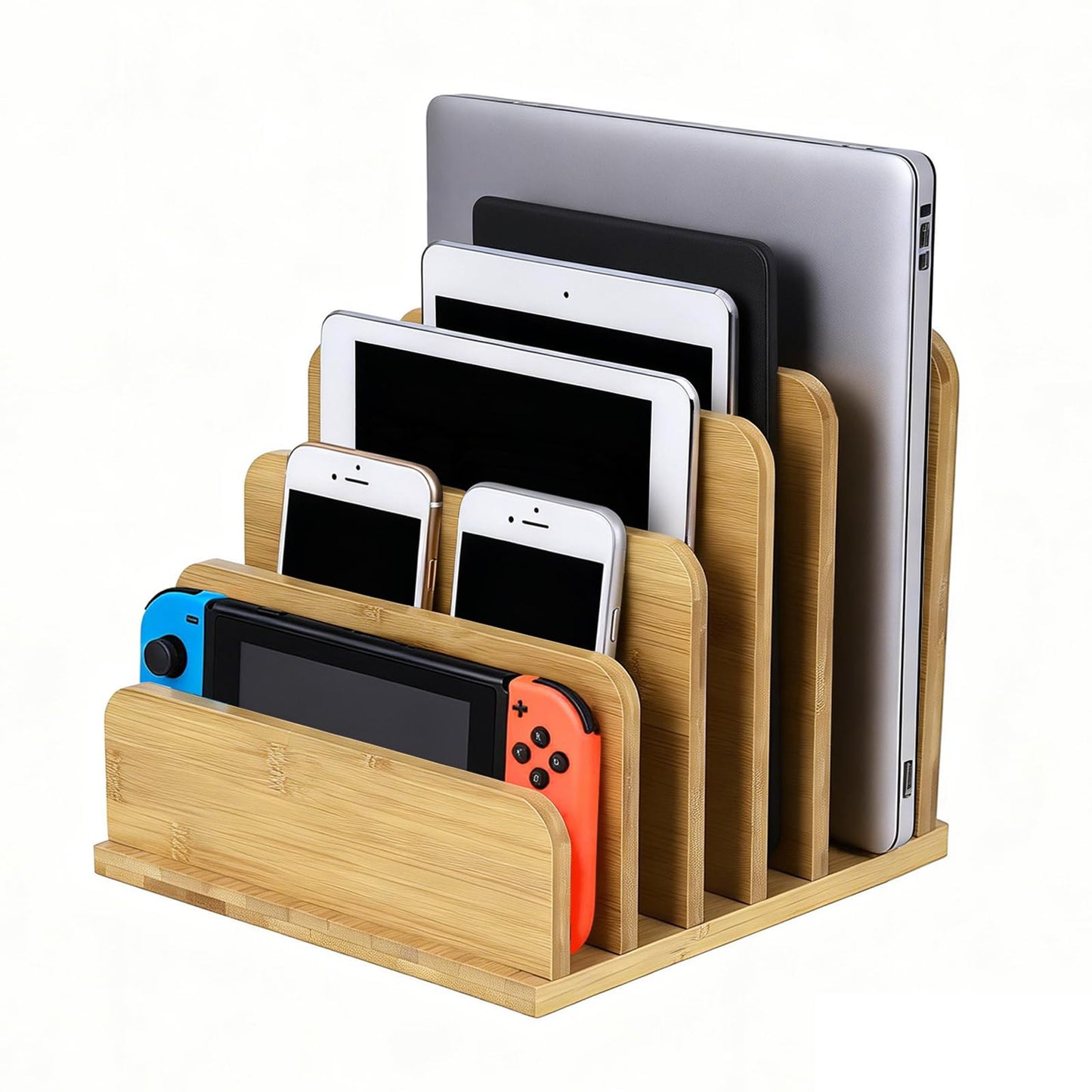 Device Organizer Holder, 5 Slots Bamboo Stand for Organizing Electronic Devices, Organize Tablets, Smartphones, Laptops, and Game Consoles, Slot Width are Adjustable, Also Organize Mails and Files