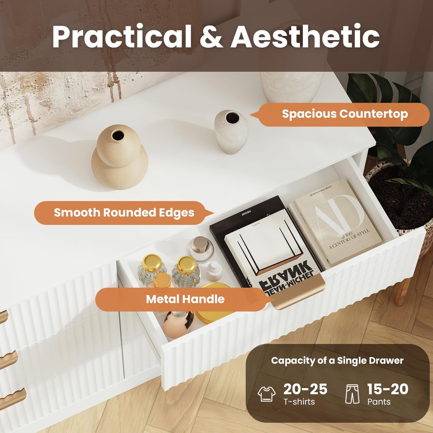 MALOL Modern Fluted 6 Drawer Dresser, Wide Wooden Storage Cabinet with Metal Handles, Silent Glide Drawers, Anti-Tip Chest for Bedroom, Living Room, White, 47 Inch