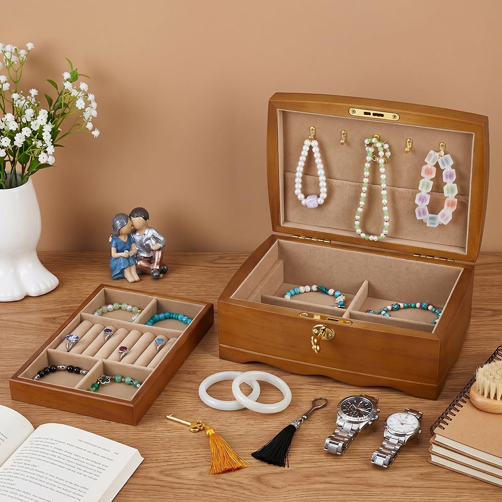 MAYJOYDIY Wooden Jewelry Box with Lock Retro 2 Layer Jewelry Storage Box with 2 Keys 9.8x6.9x3.9 Jewelry Organizer with Removable Tray for Home Vanity