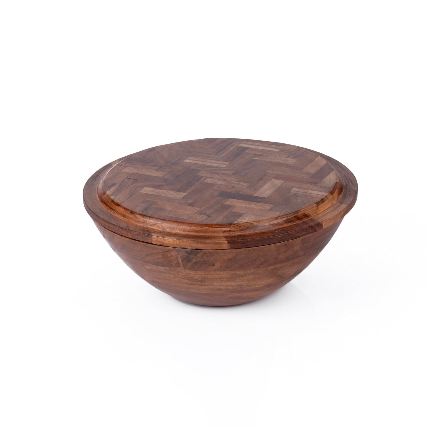 QIQAA Acacia Wood Fruit Bowl for Kitchen Counter | Wooden Salad Bowl For Food | Herringbone Inlay Lid Salad Tongs cheese knives | No Leaks | Designed in USA Handmade In India 12x12x4.75 (Light)