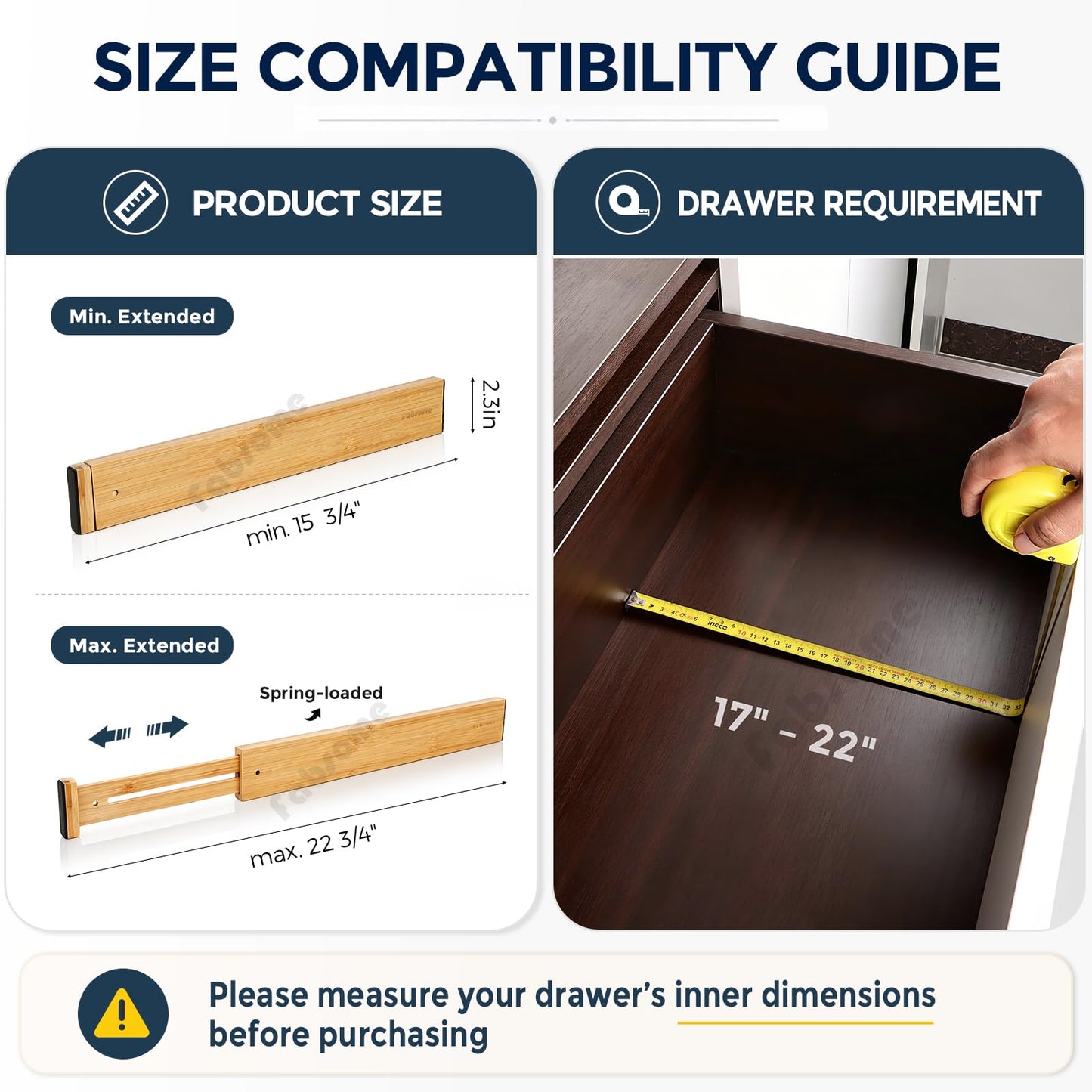 Fabsome Drawer Divider 6 Pack, Bamboo Kitchen Dividers Organizers Adjustable 17''-22'', Wooden Dresser Separators for Nursery Organization Clothes Socks Underwear Baby Clothing, with Soft Foam Ends