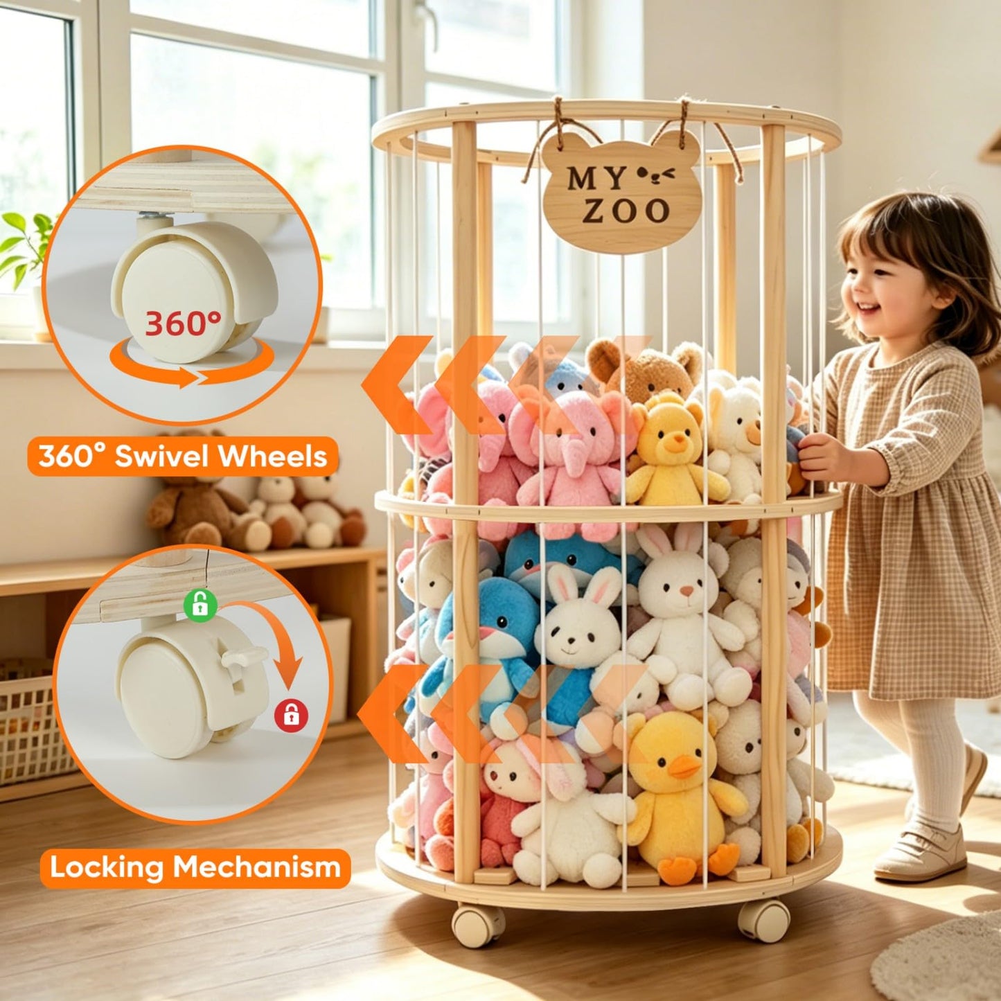 Singda Stuffed Animal Storage, Wooden Zoo Stuffed Animal Holder with Wheels & Elastic Bands, Space Save Toy Storage Organizer with Extra-Thick Base for Kids' Room, Playroom, Nursery - 37"
