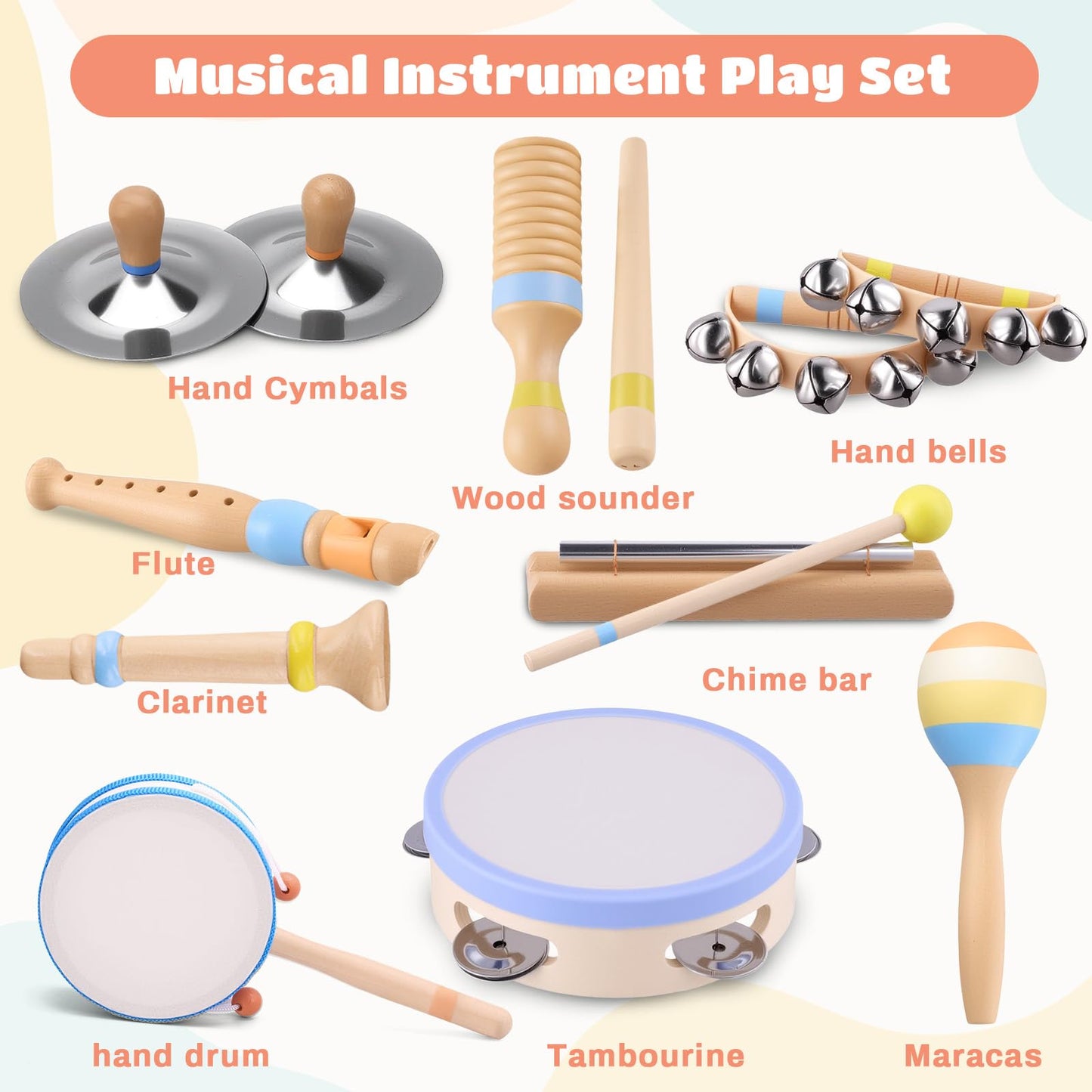 Baby Musical Instruments for Toddlers 1–3, Montessori Wooden Music Set with Drum Flute Clarinet Bells Cymbals, Toddler Musical Instruments Educational Kids Toys Birthday Gifts for Boys Girls