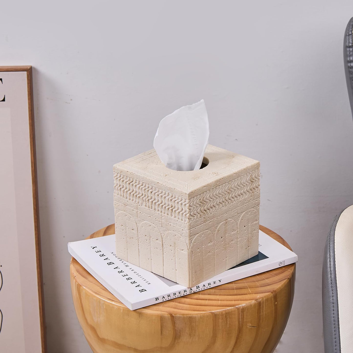 Travertine Tissue Box Cover – Classic Carved Square Resin Tissue Box Holder – Heavy Duty Decorative Home & Bathroom Decor for Countertop, Tabletop, Night Stand, Office – Beige