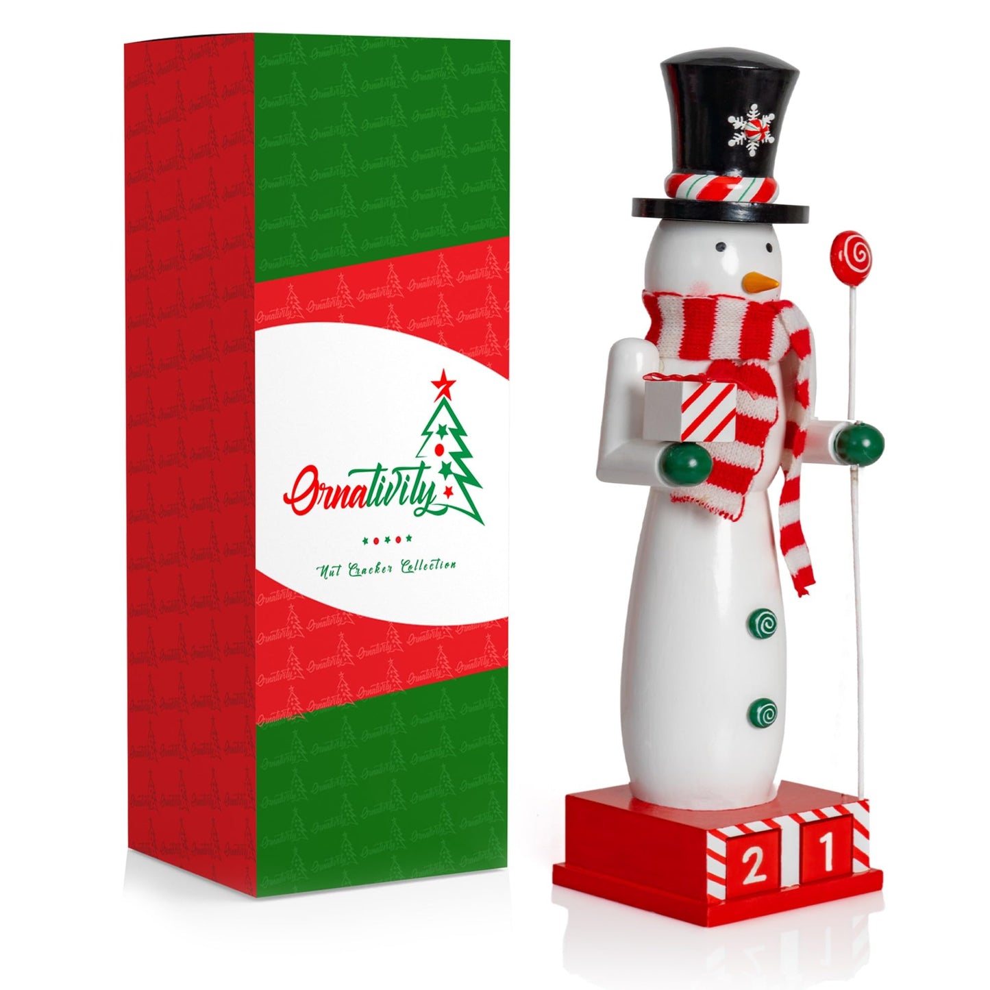 Ornativity Snowman Nutcracker for Christmas - Countdown Wooden Snow Man with Advent Calendar Count Down to Xmas Winter Holiday Nut Cracker 12 Inch