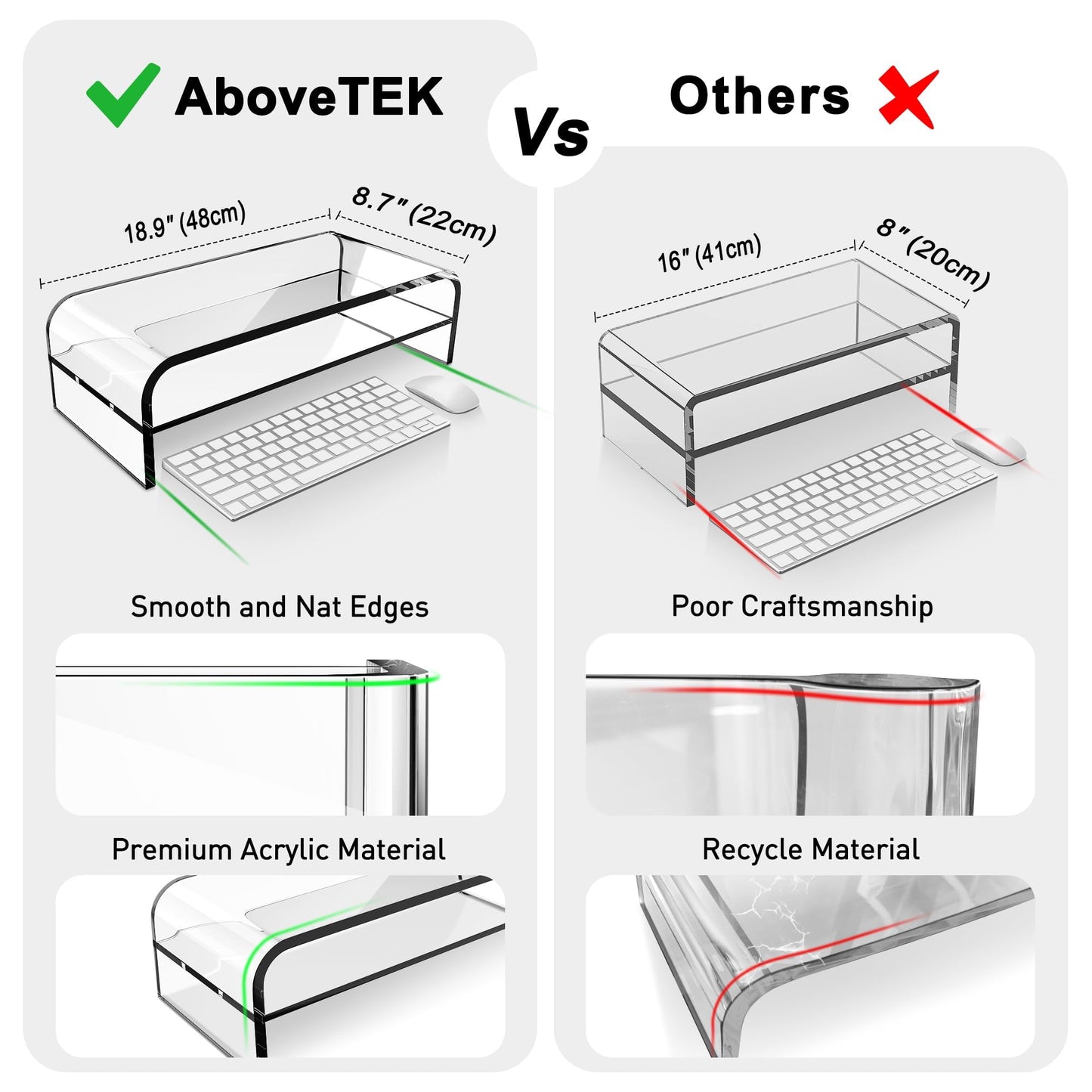 AboveTEK 2-Tier Acrylic Monitor Stand, Computer Riser for Home Office, Clear Monitor Riser for Keyboard Storage, 18.9" x 8.7" Multi Monitor Desk Stand for iMac Multi-Media Laptop Printer TV
