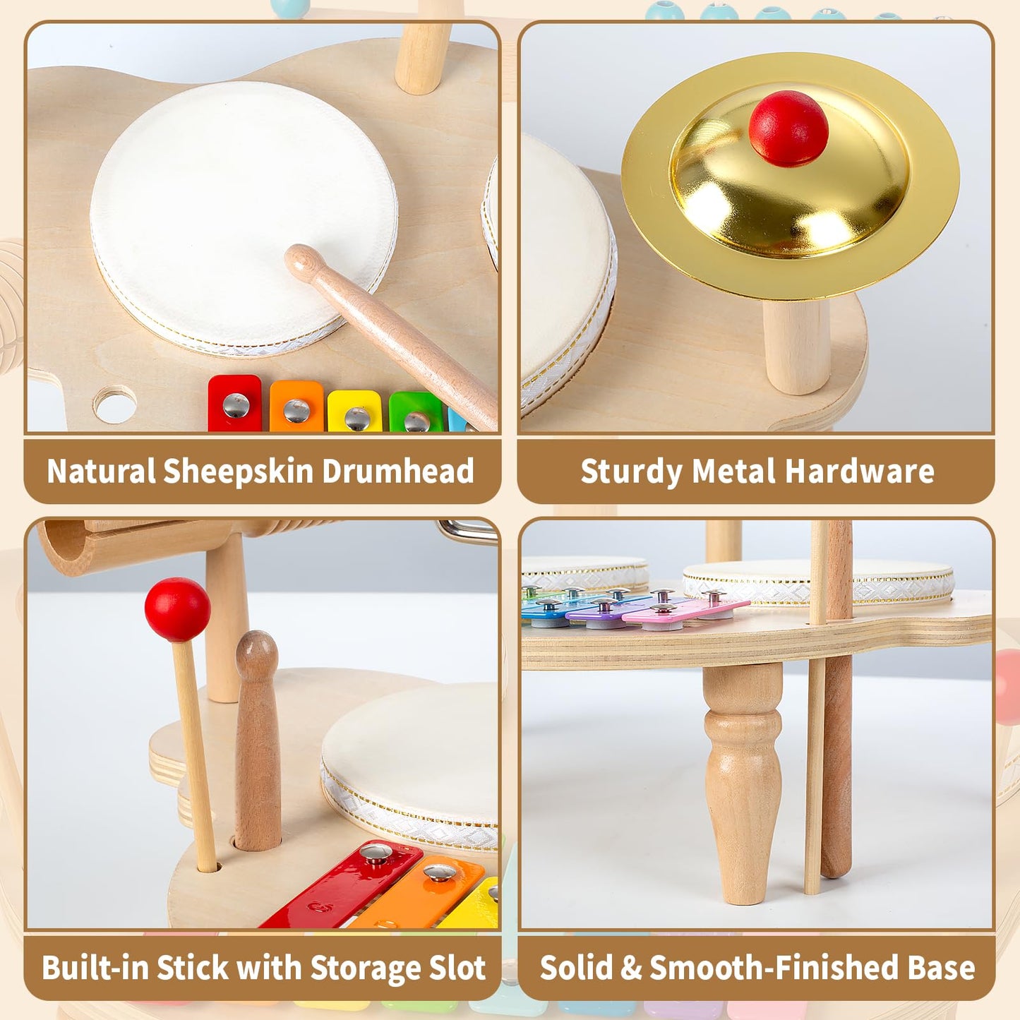 Baby Drum Set for Toddlers 1-3, Wooden Musical Percussion Instruments with Xylophone, Kids Drumset Educational Montessori Music Toys Birthday Gift for Boys Girls