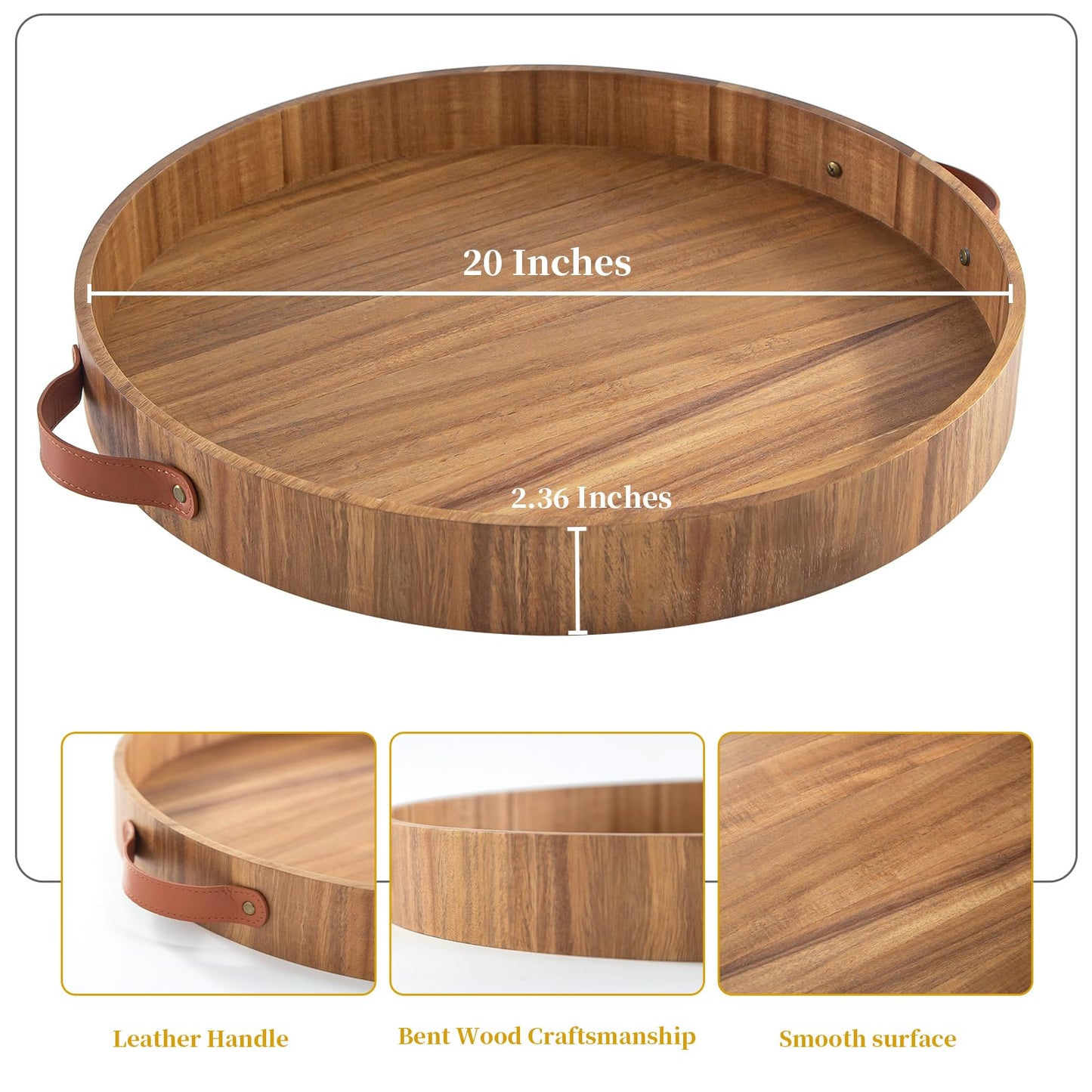 Ottoman Tray with Handles, 20 Inches Round Large Tray for Ottoman Wooden Serving Tray Decorative Trays for Living Room Wooden Trays for Party, Dinner, Breakfast, Appetizers, Entertaining Guests