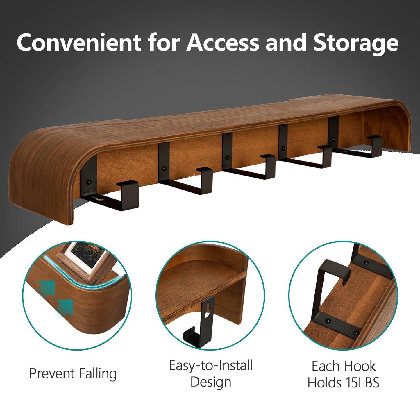 Jadoxy Coat Rack Wall Mount with Hidden Hooks Modern Key Holder Wood Entryway Hook with Shelf for Bedroom Kitchen Hallway Bathroom Designed for Hanging Coats Hats Bags Towel Dog Leashe(Walnut,5 Hooks)