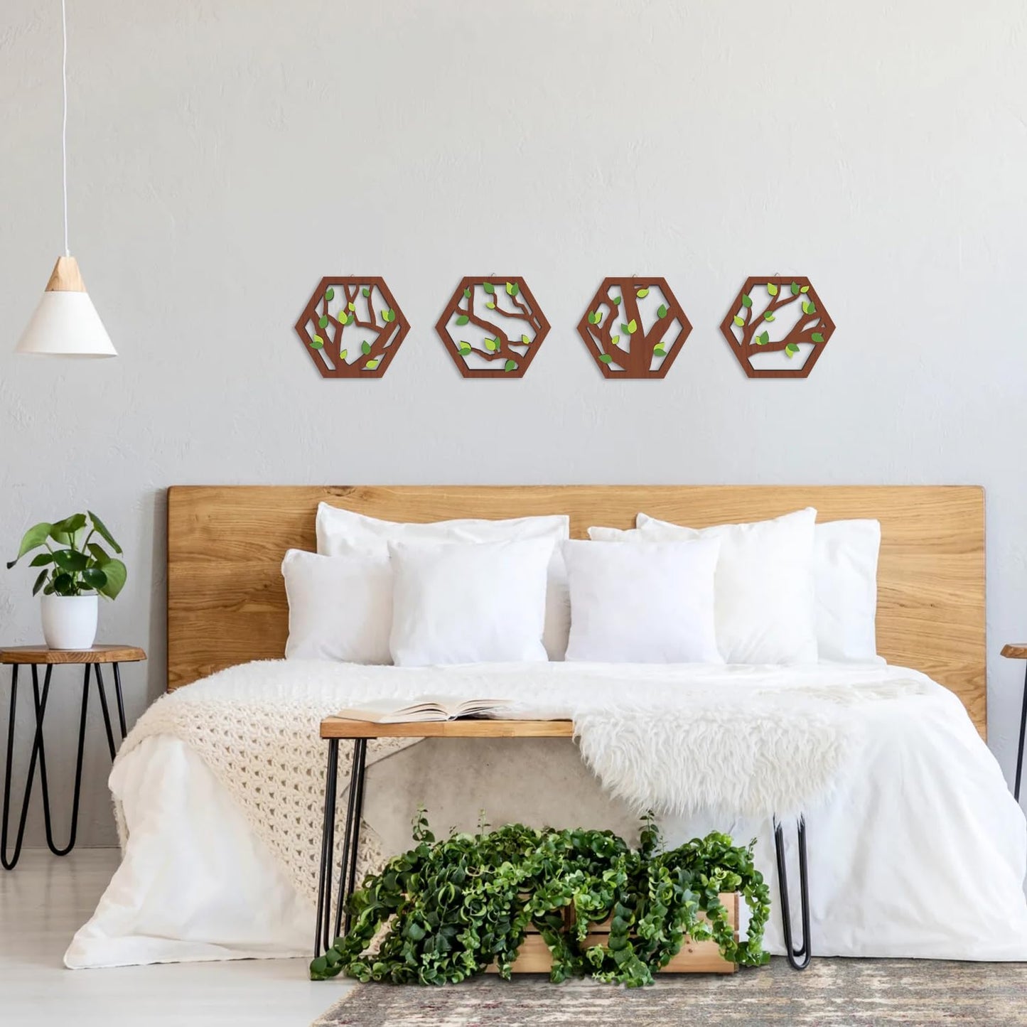 HOURIA 4 Pcs Wooden Tree of Life Wall Art, Rustic Green Leaves Hollow Brown Wall Hanging Decor for Living Room,8"*10"Abstract Modern Family Tree Wood Wall Sculpture for Farmhouse Bedroom Nursery