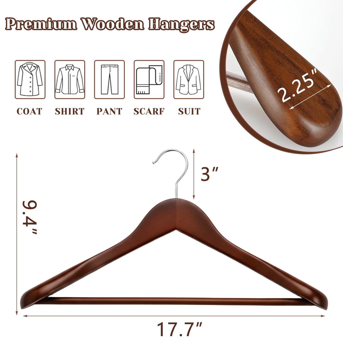 Premium Wooden Suit Hangers for Men Women, 8 Pack Wide Shoulder Wooden Hangers with Non Slip Pants Bar for Suits, Coats, Jackets, Dress, Heavy Duty Wide Clothes Hanger, Walnut