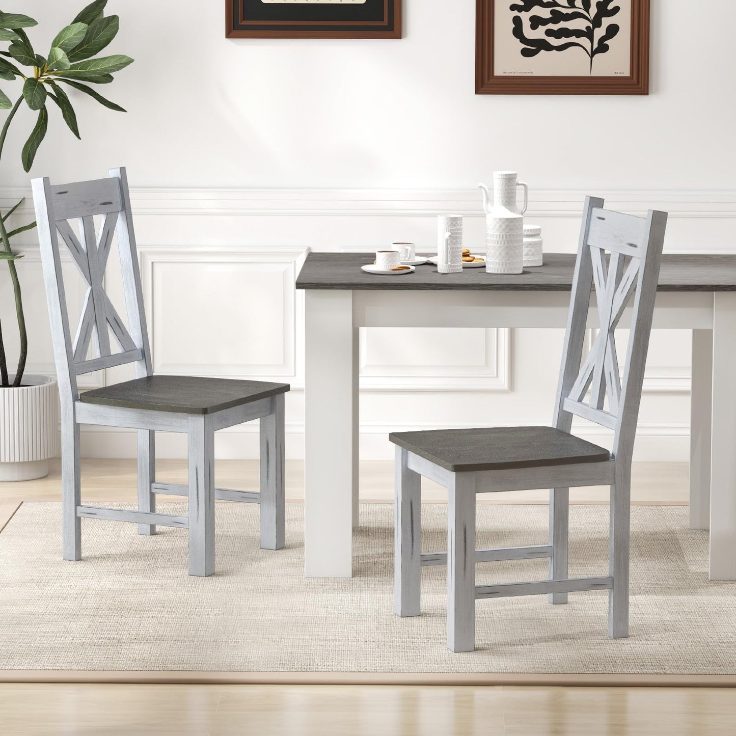 Giantex Retro Wooden Dining Chairs Set of 2, Farmhouse Kitchen Chairs w/Rubber Wood Frame, Elegant Hollowed Backrest, Armless Dining Room Chairs, Rustic Side Chairs for Restaurant, Living Room, Grey