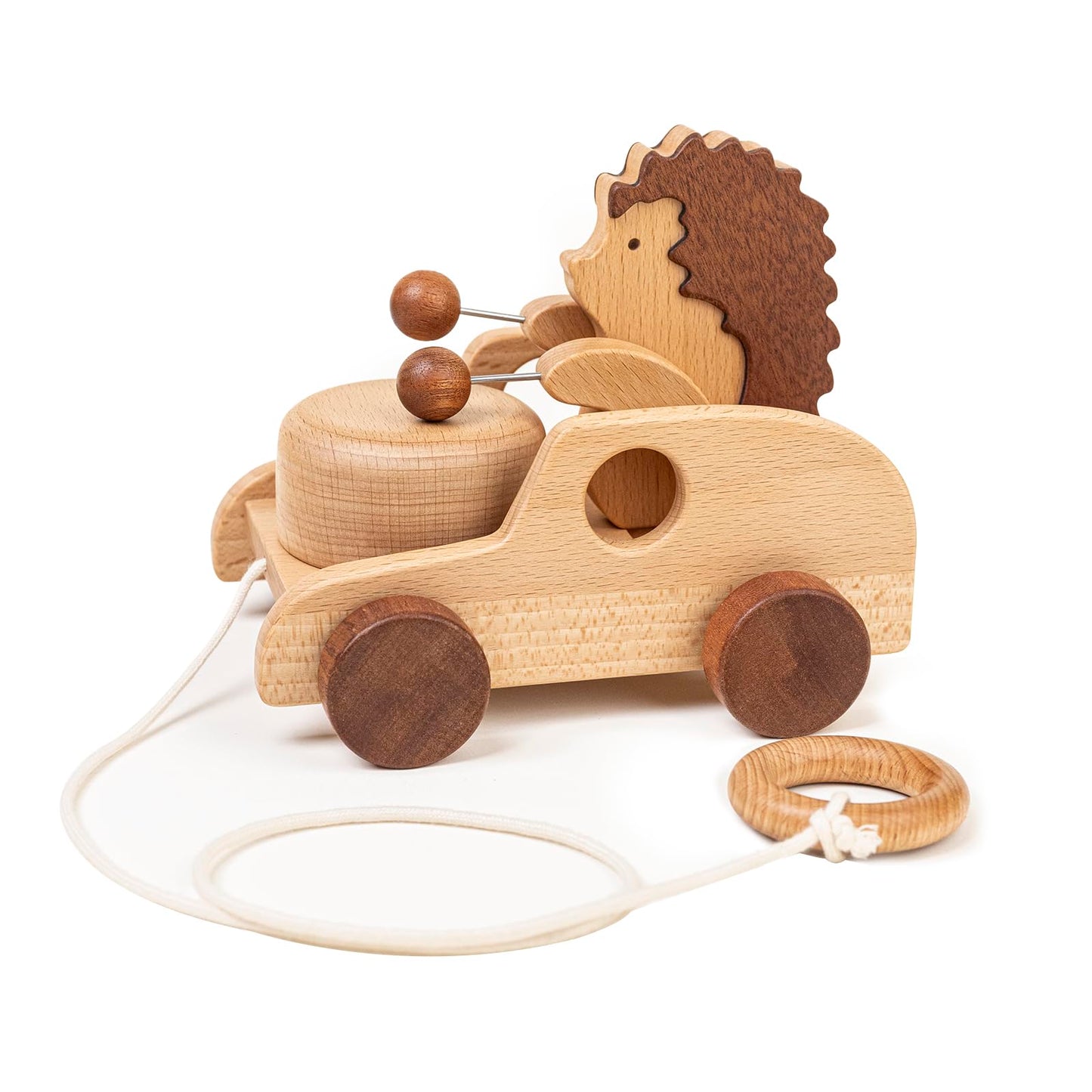 DadCarved Hedgehog Pull Toy | Montessori Wooden Pull-Along Walking Toy with Wooden Grip Ring | Natural Drumming Sound for Kid Toddlers
