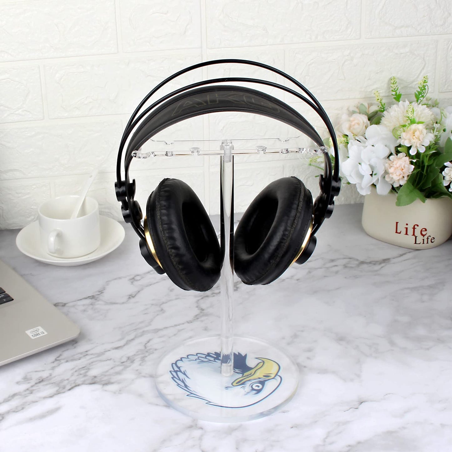 BVANQ Clear Acrylic Headphone Stand with Patterned Base – Universal Holder for AirPods Max, Gaming & Wireless Headphones – Space-Saving Desk Organizer for Home & Gaming Setup (Black&White Eagle/Hawk)