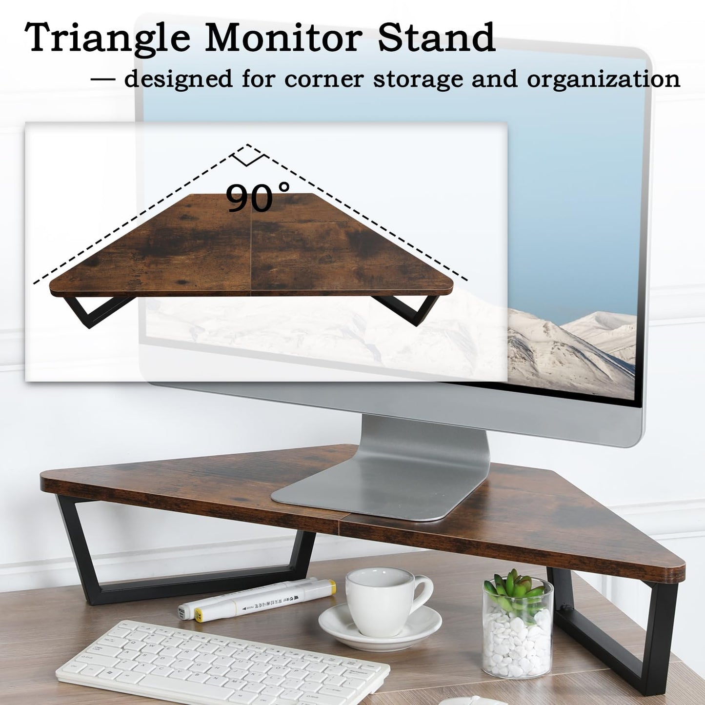 TEAMIX 26 inch Triangle Monitor Stand Riser, Desktop Corner Shelf with Metal Leg Wood Computer Stand with Storage Laptop Riser Office Organization